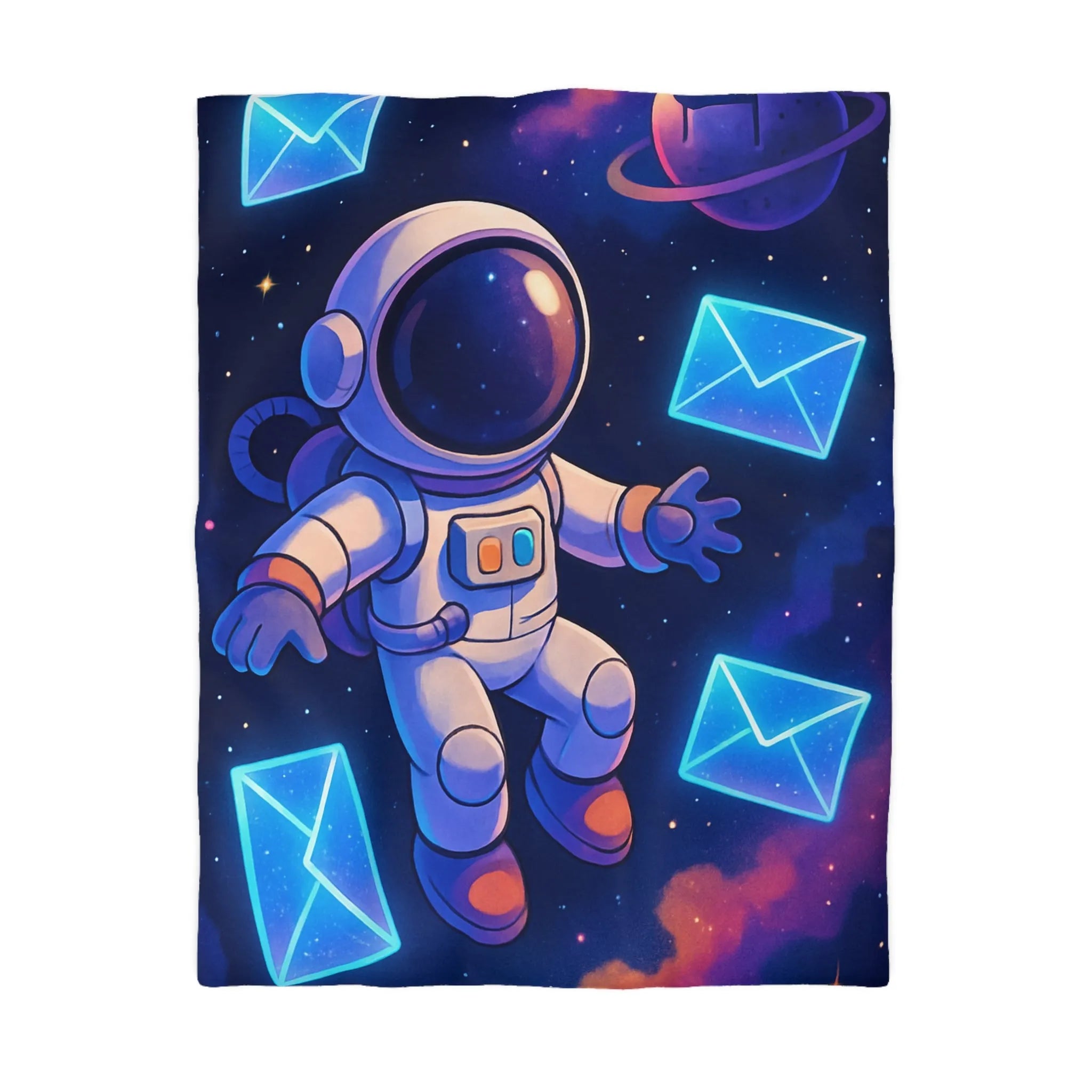 Housse de Couette Astronaute Flottant dans l'Espace avec Enveloppes et Planète Colorée