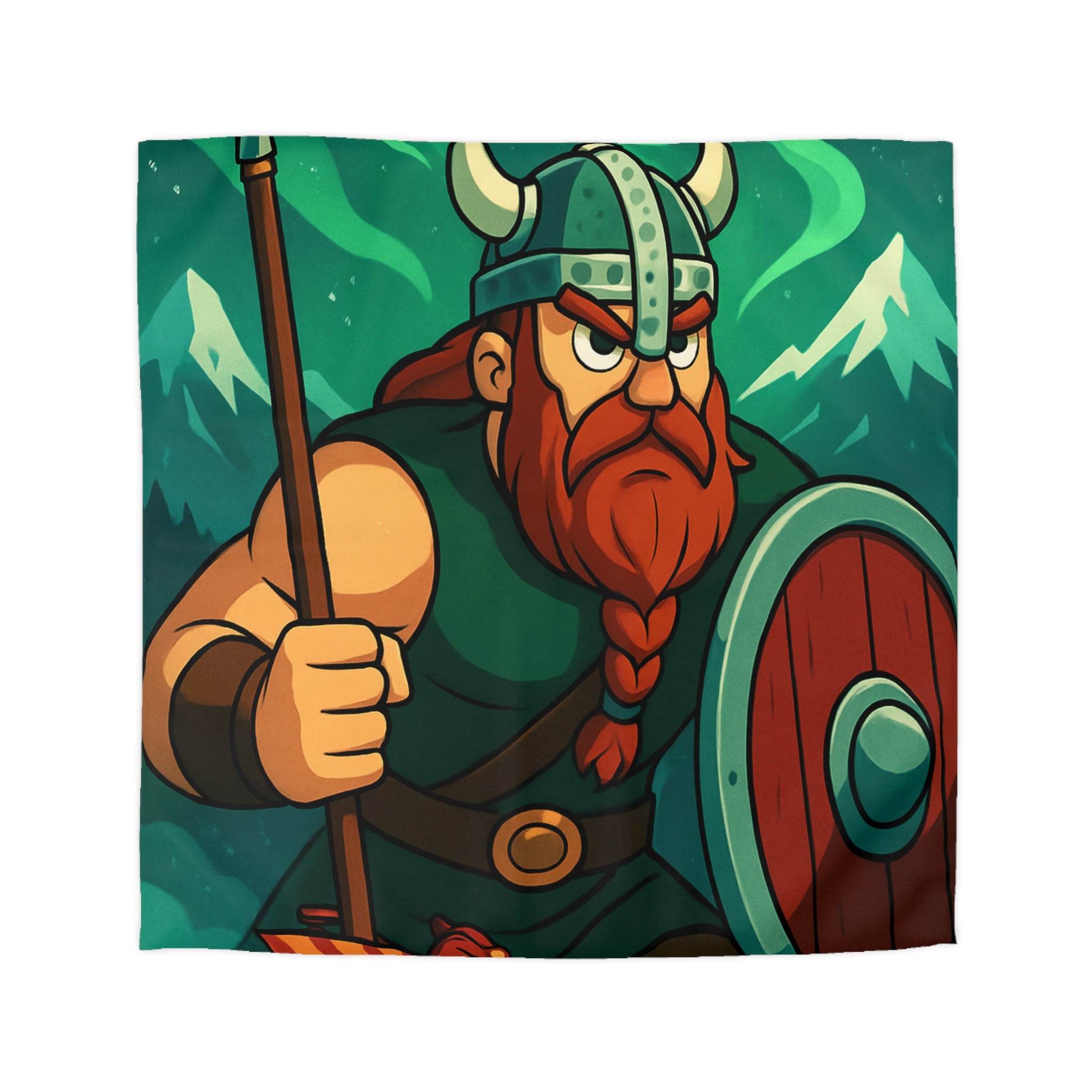 Housse de Couette Viking Illustration avec Guerrier Nordique, Montagne et Aurore Boréale