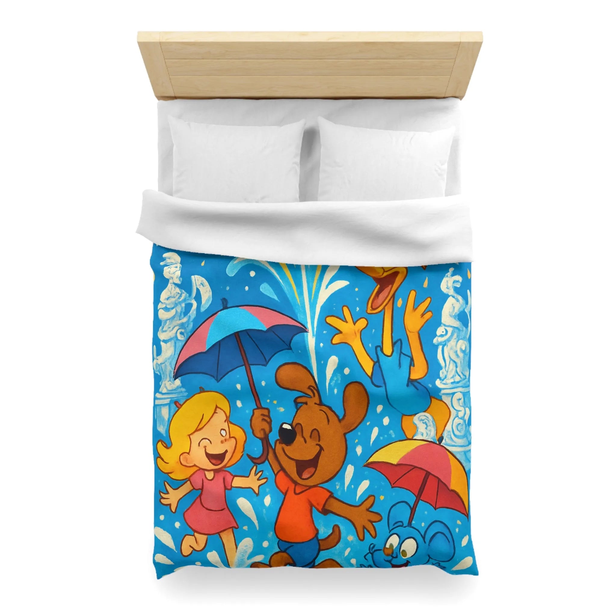 Housse de couette joyeuse avec animaux et enfants sous feux d'artifice colorés