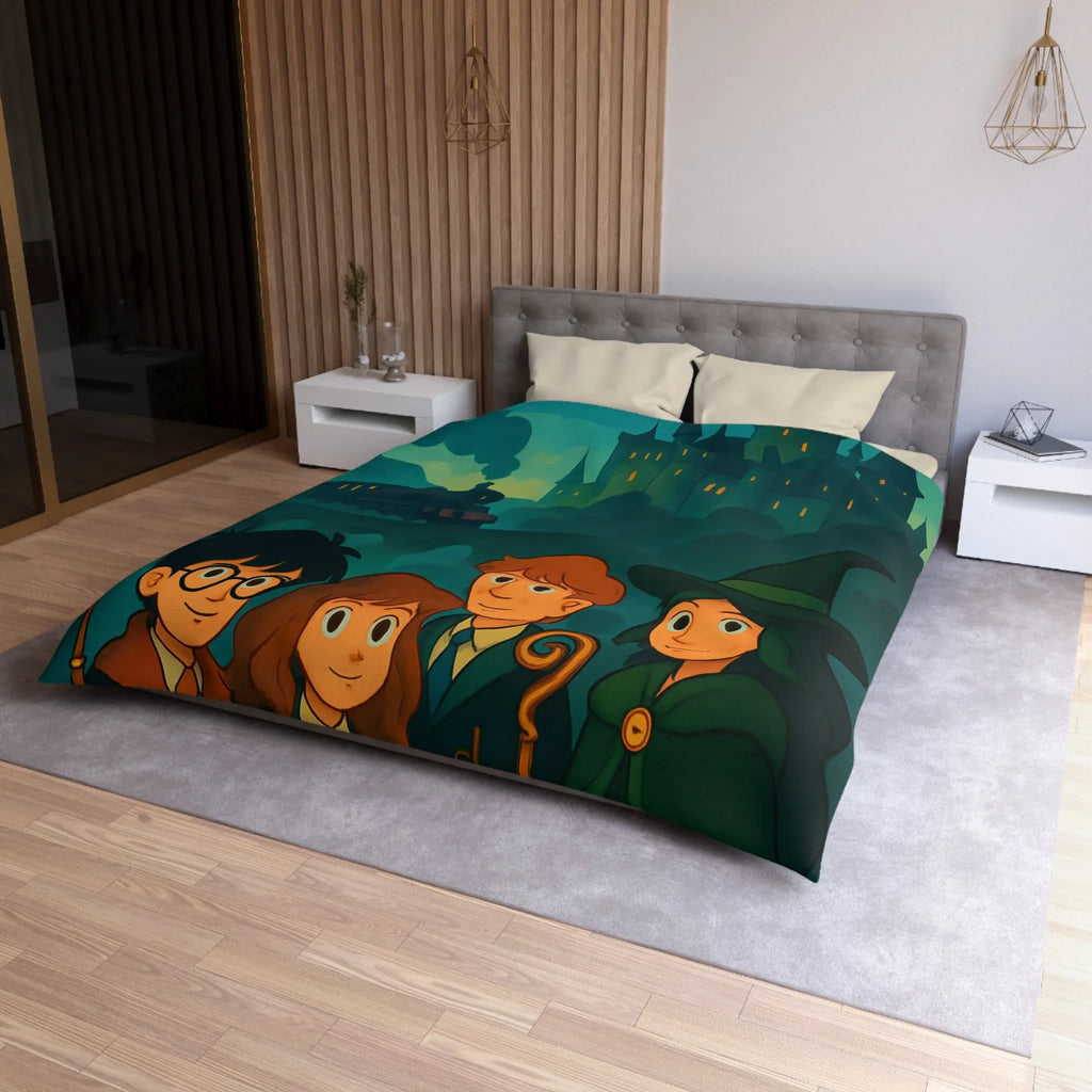 Housse de couette magique avec château et étudiants en sorcellerie dans une forêt enchantée