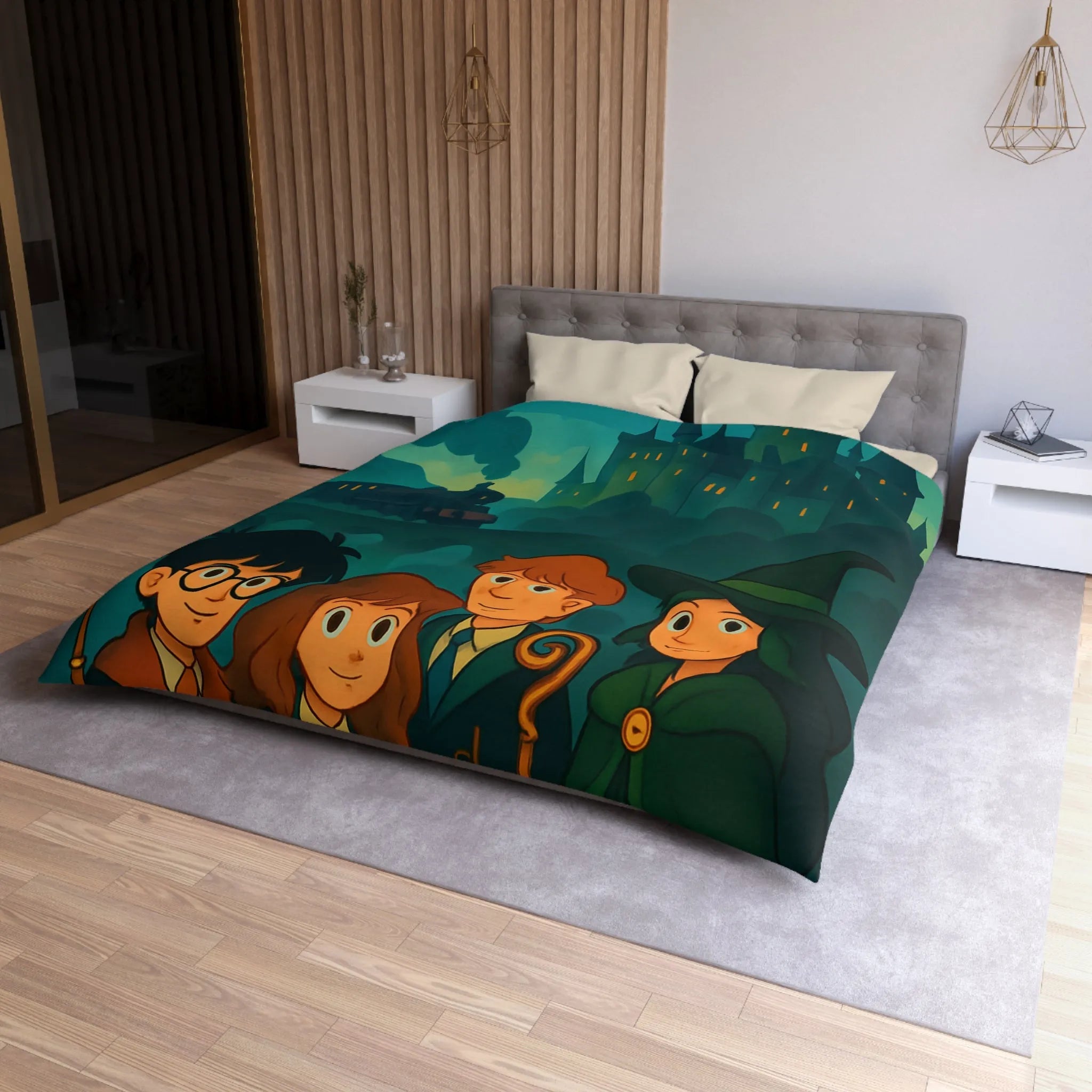 Housse de couette magique avec château et étudiants en sorcellerie dans une forêt enchantée