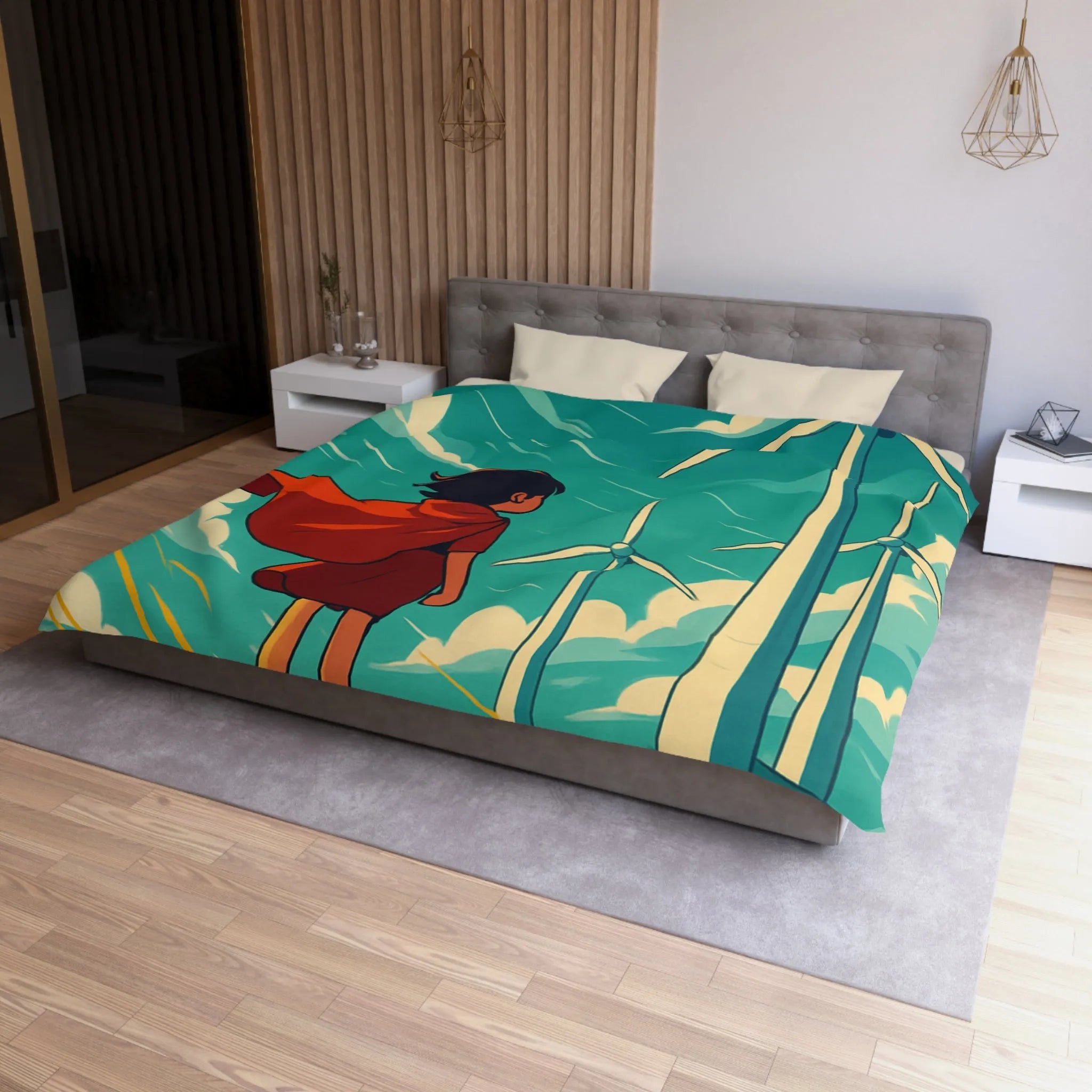 Housse de Couette Enfant avec Éoliennes et Paysage Venté Rouge et Bleu