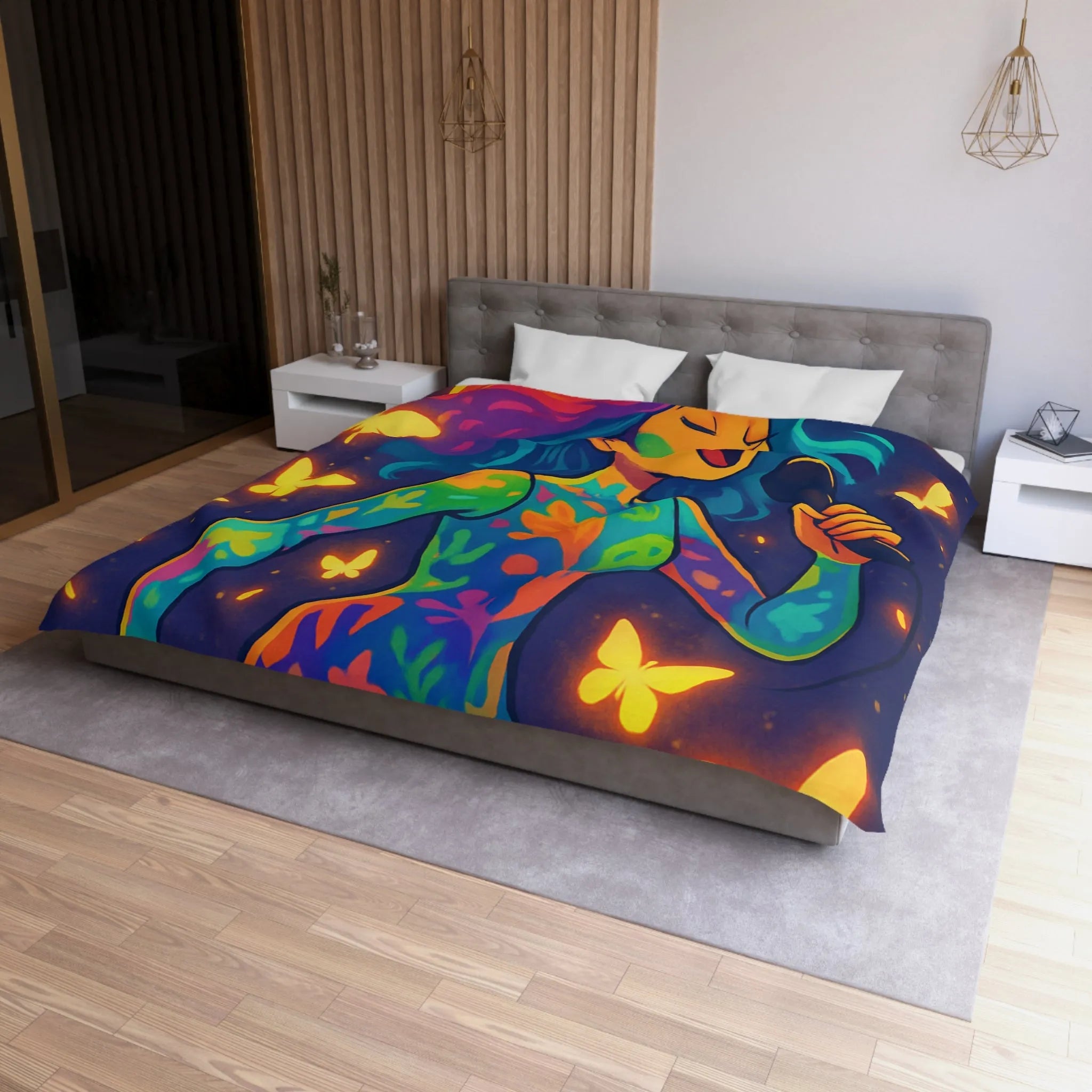 Housse de Couette Colorée : Artiste Chantant Entourée de Papillons Lumineux et Vibrants