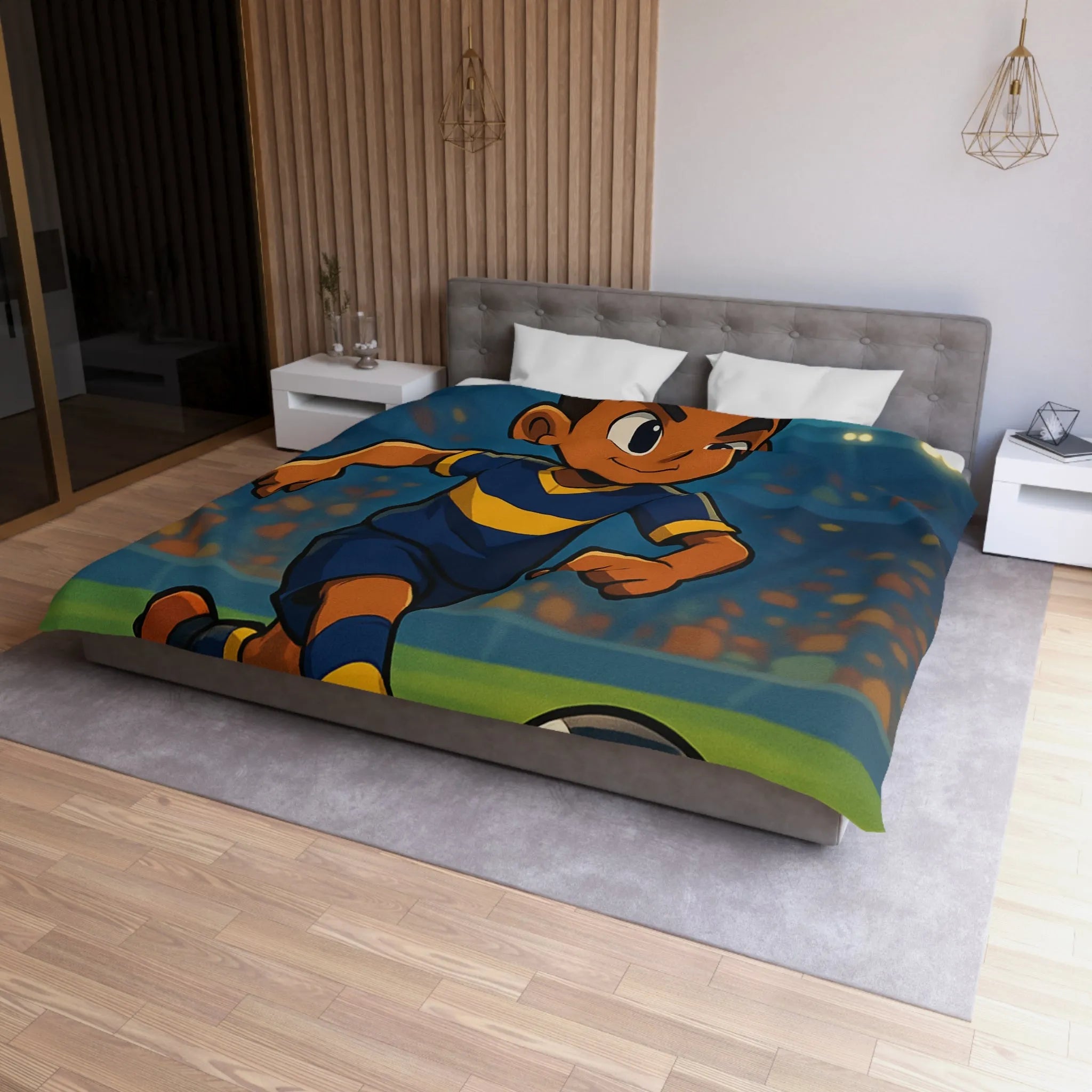 Housse de Couette Enfant Footballeur Dessin Animé, Terrain de Jeu Lumineux Sportif