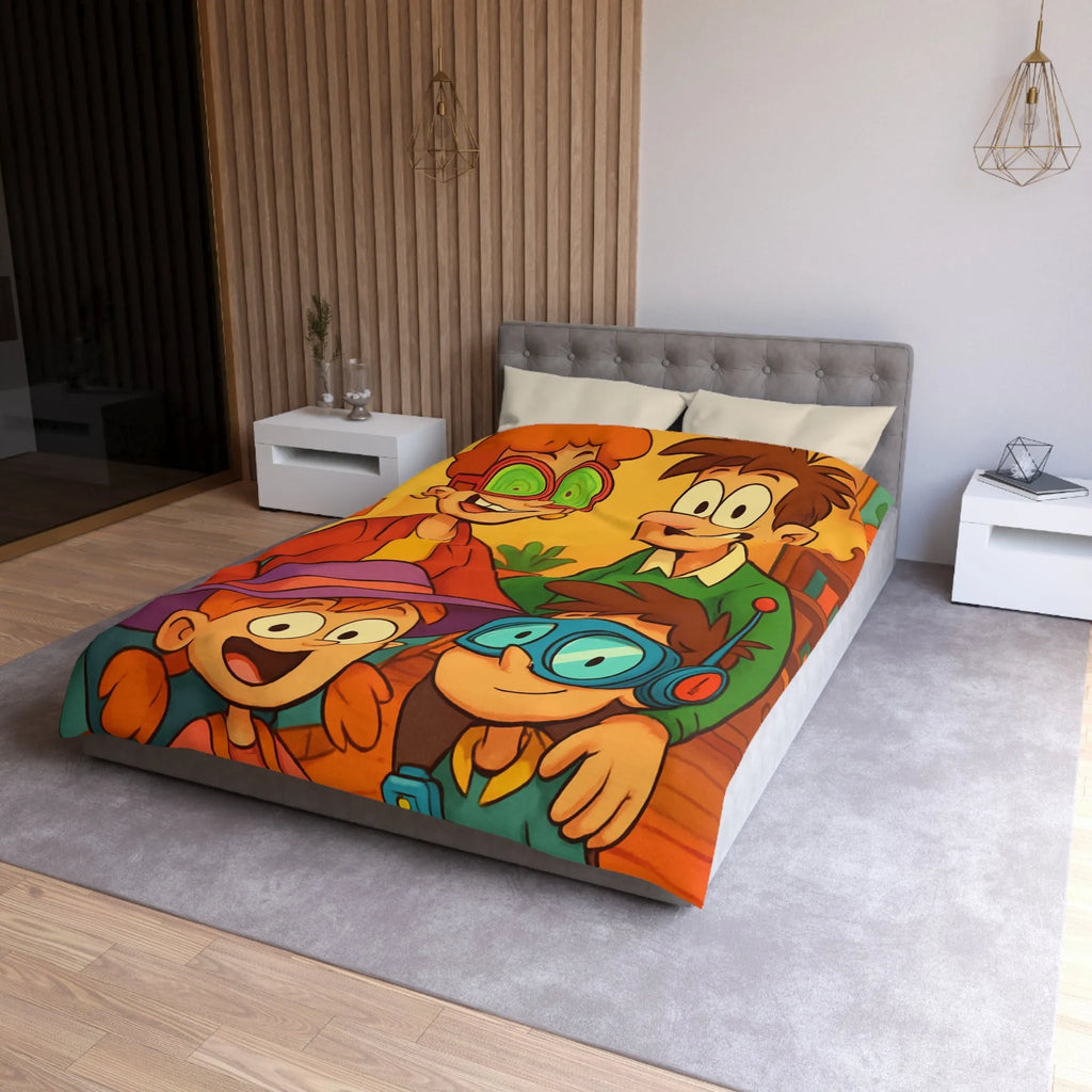 Housse de couette joyeuse avec une famille amusante et colorée, lunettes originales