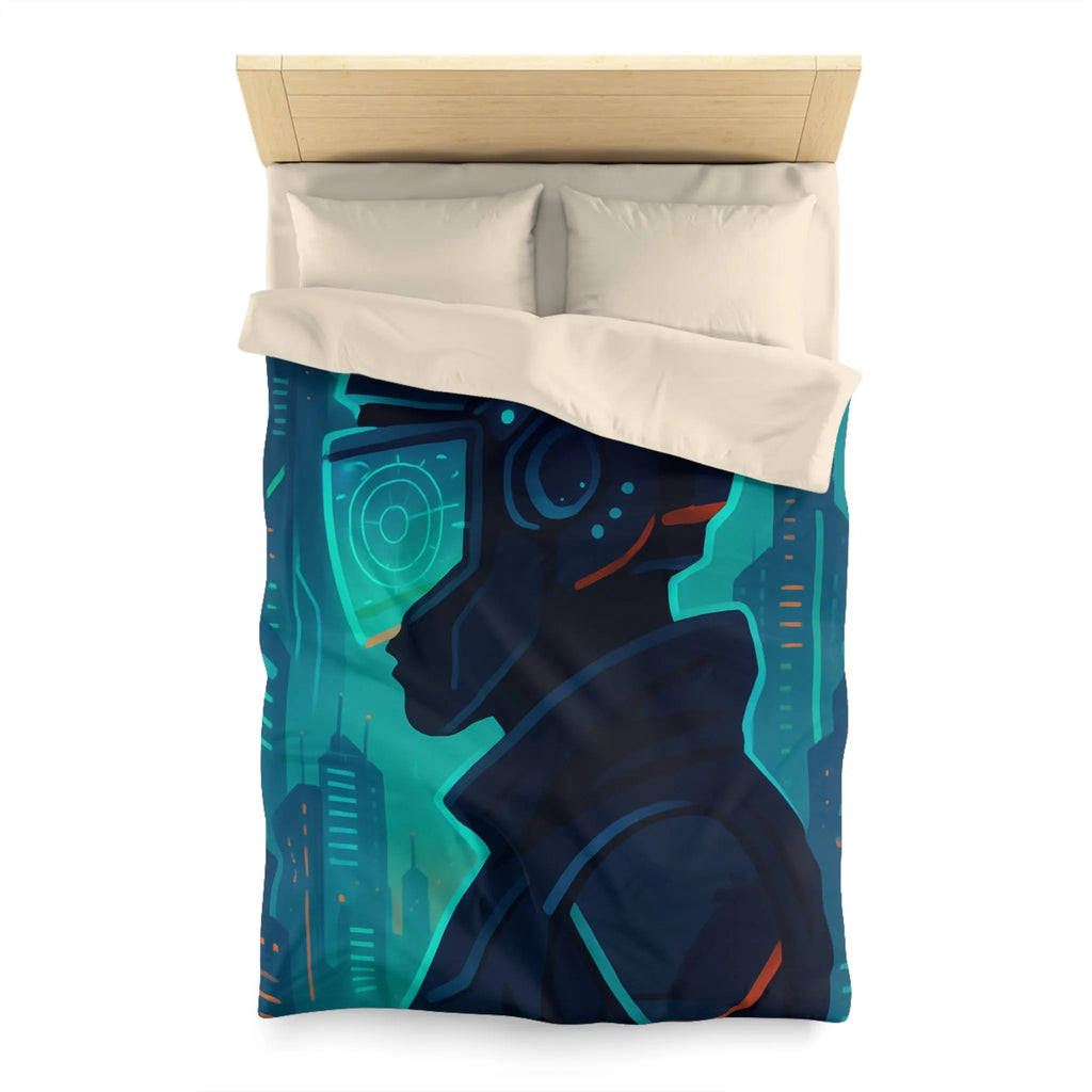 Housse de couette futuriste avec casque de réalité virtuelle et gratte-ciels lumineux