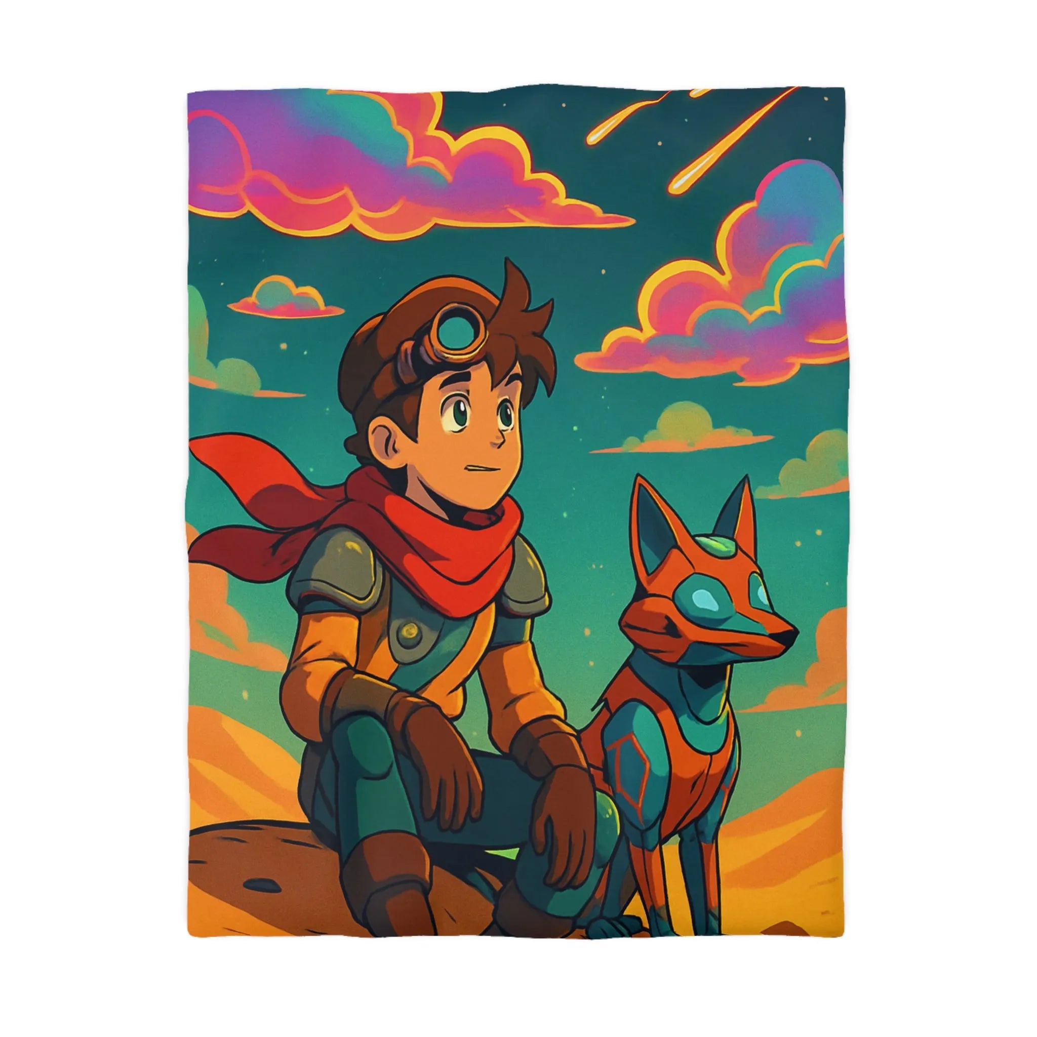 Housse de couette avec illustration colorée de personnage animé et chien robot sous ciel étoilé