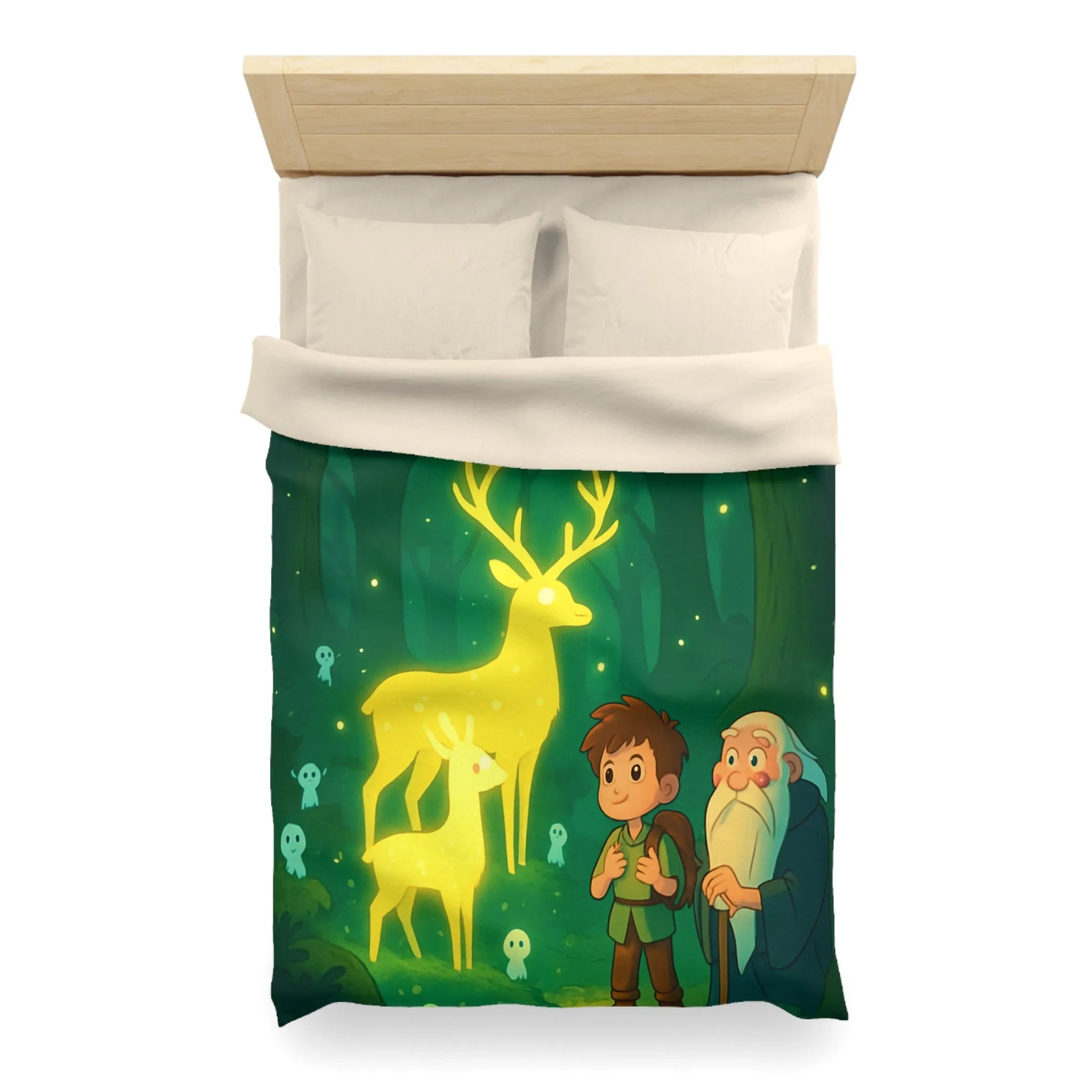 Housse de couette féerique avec cerfs lumineux et personnages dans une forêt enchantée