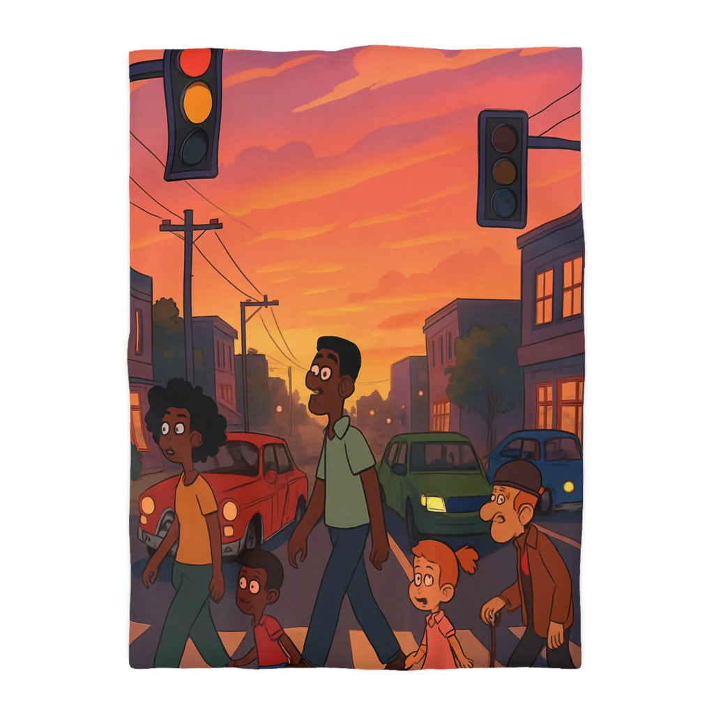 Housse de couette coucher de soleil urbain coloré, personnages divers traversant rue animée