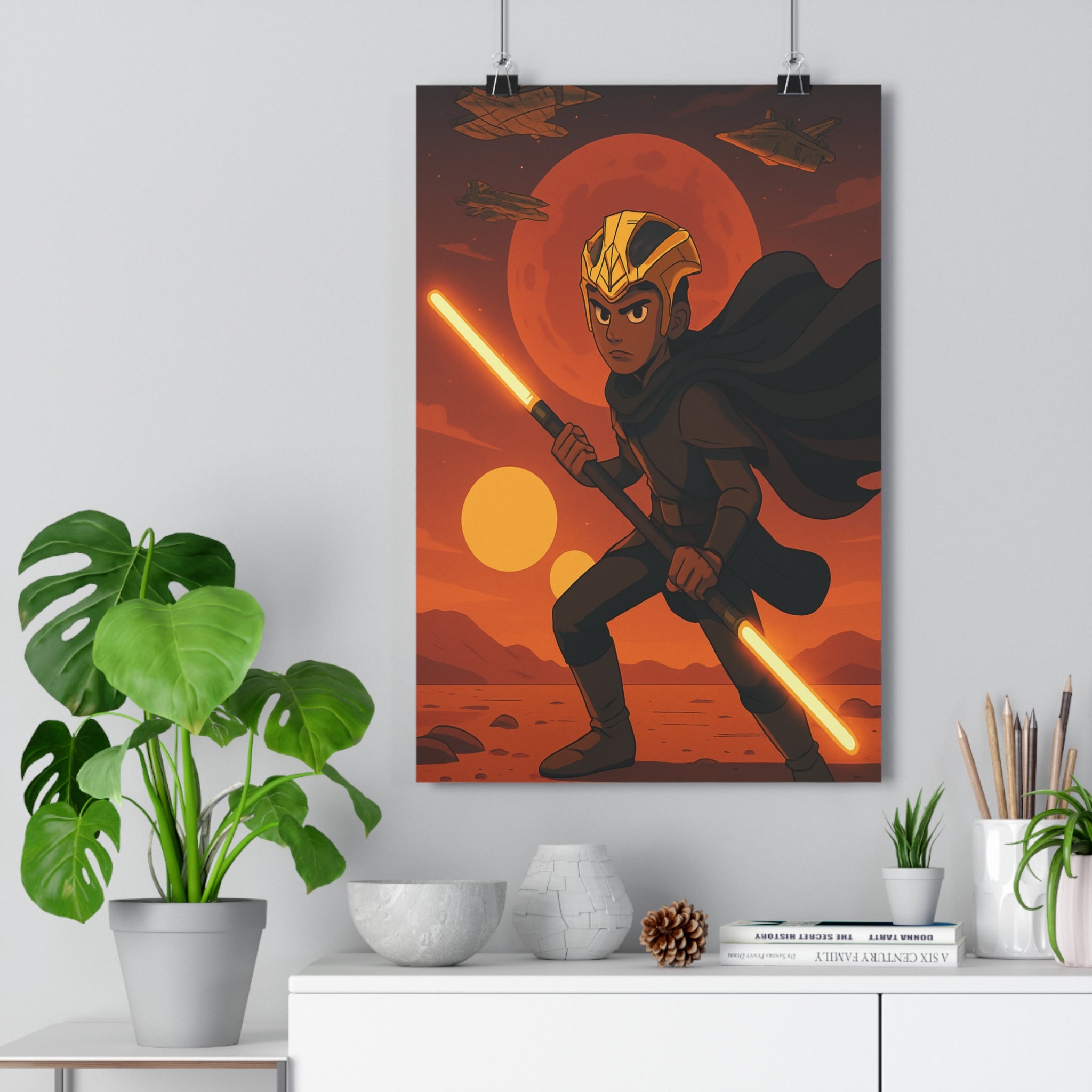 Poster décoratif épique aventure sciencefiction sabre lumineux orange noir rouge dessin animé fan qualité