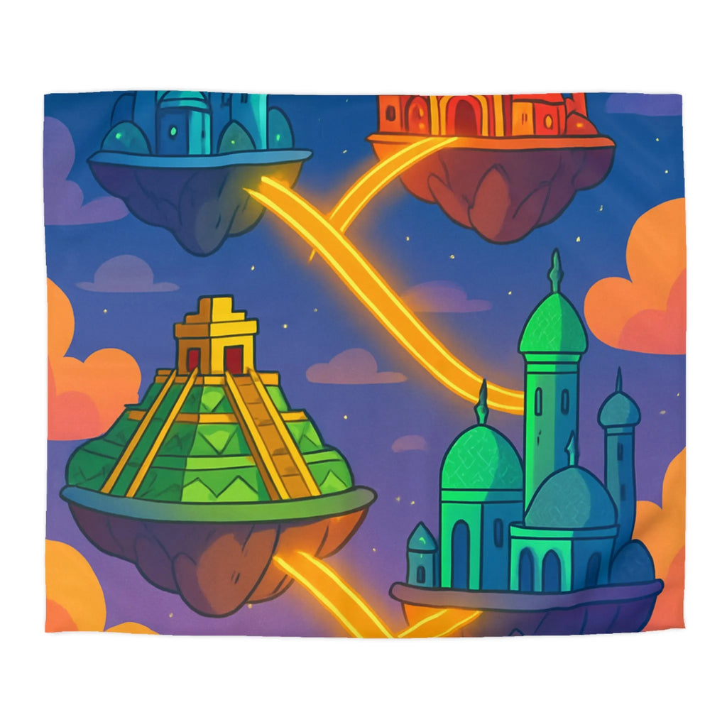 Housse de couette colorée avec design fantastique de villes flottantes lumineuses et oniriques