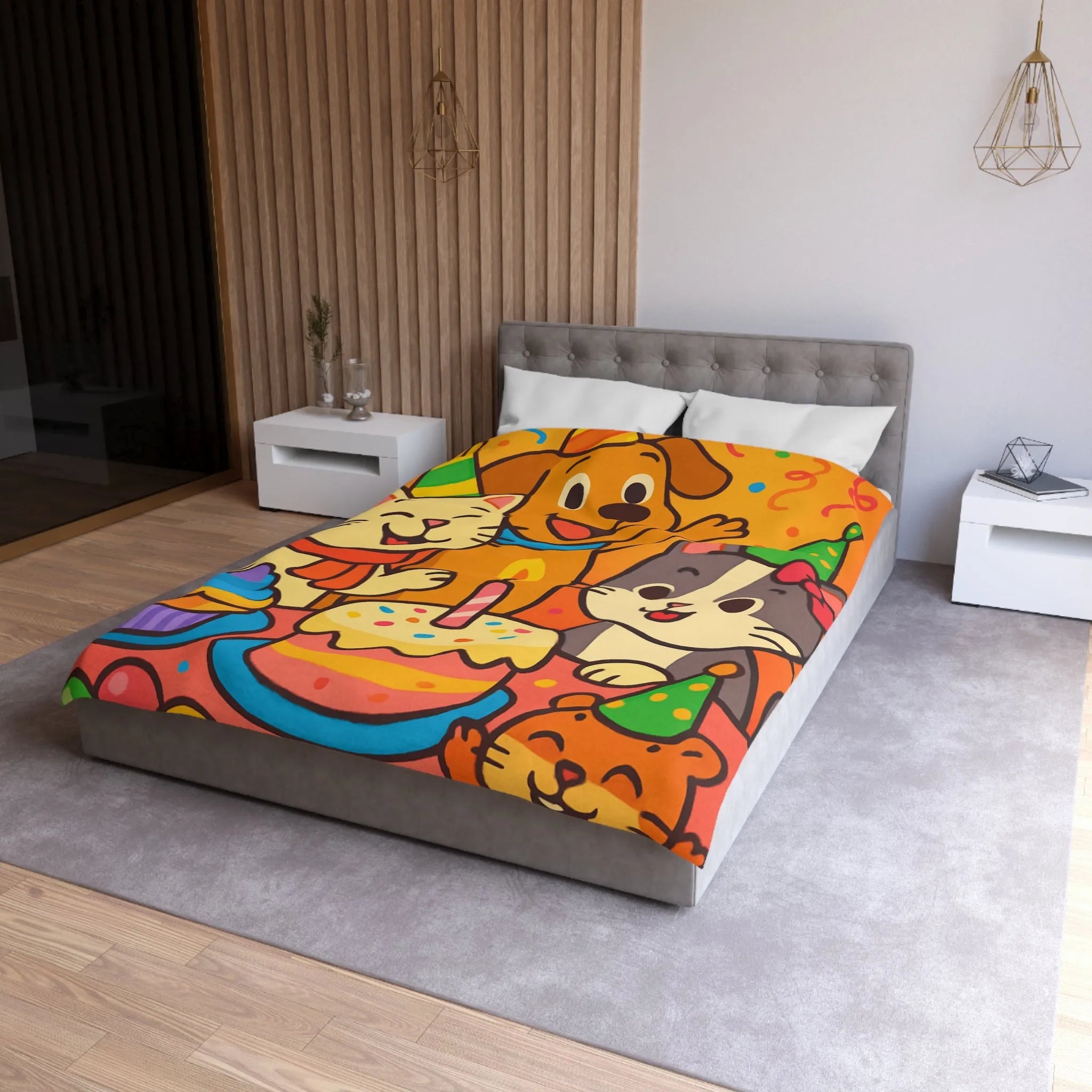 Housse de couette joyeuse et colorée avec animaux en fête pour chambre d'enfant