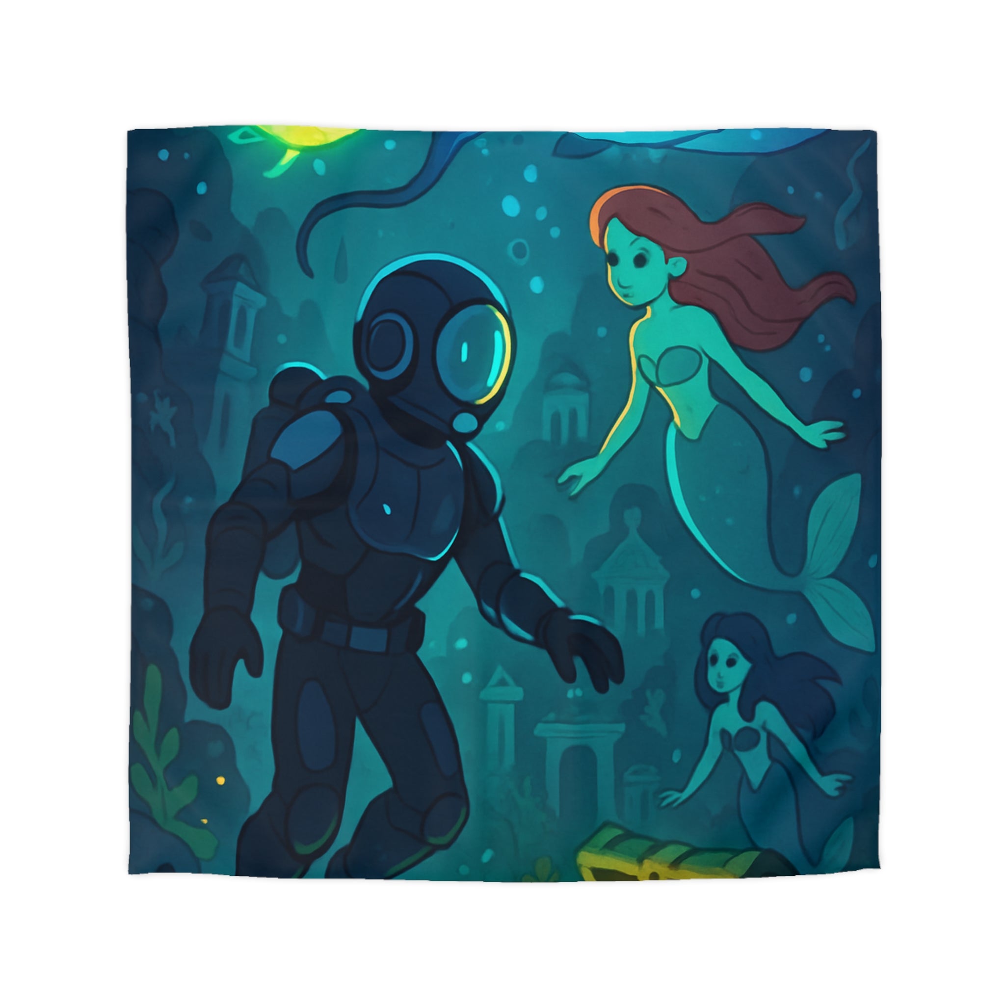 Housse de couette sirène océan magique avec plongeur et trésor lumineux