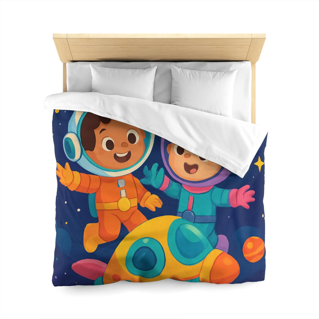 Couette Enfantine Cosmos : Enfants en Vaisseau Spatial avec Planètes et Étoiles Colorées