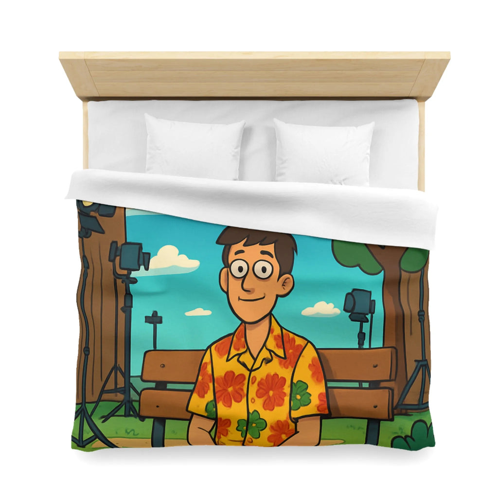 Housse de couette amusante avec motif de banc, homme et oiseaux volants