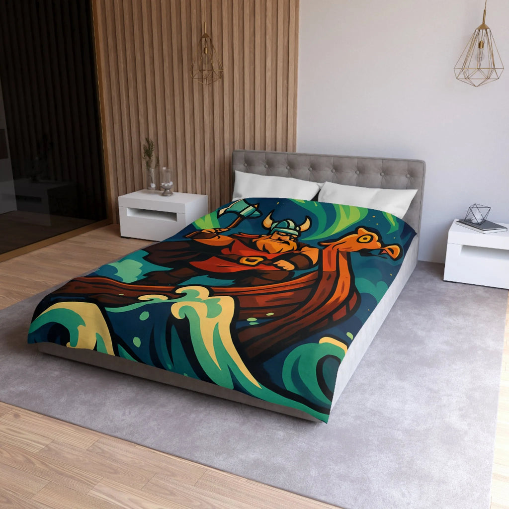 Housse de couette illustrée avec guerrier viking sur drakkar et aurores boréales