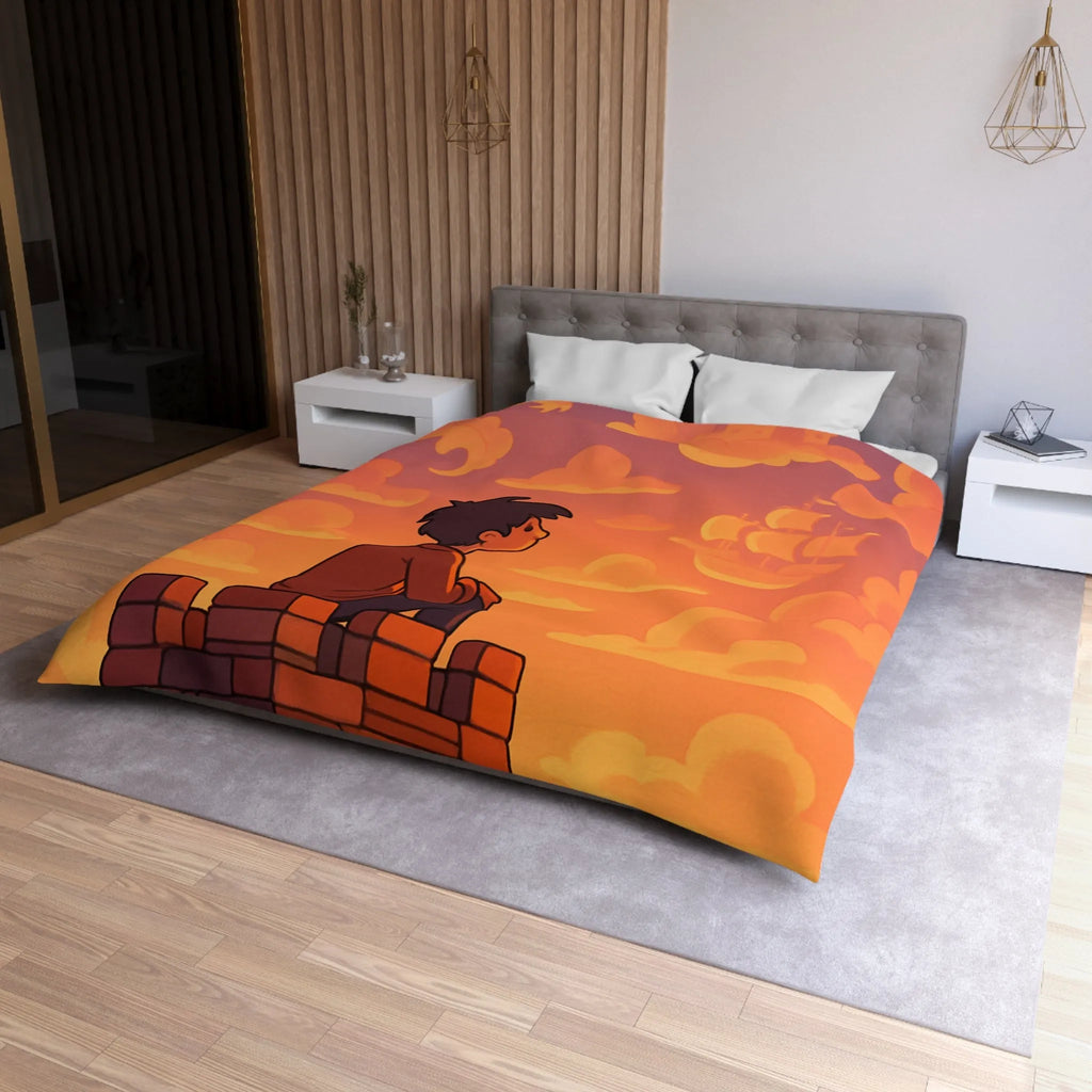 Housse de couette fantastique avec château, dragon et nuages pour enfants rêveurs