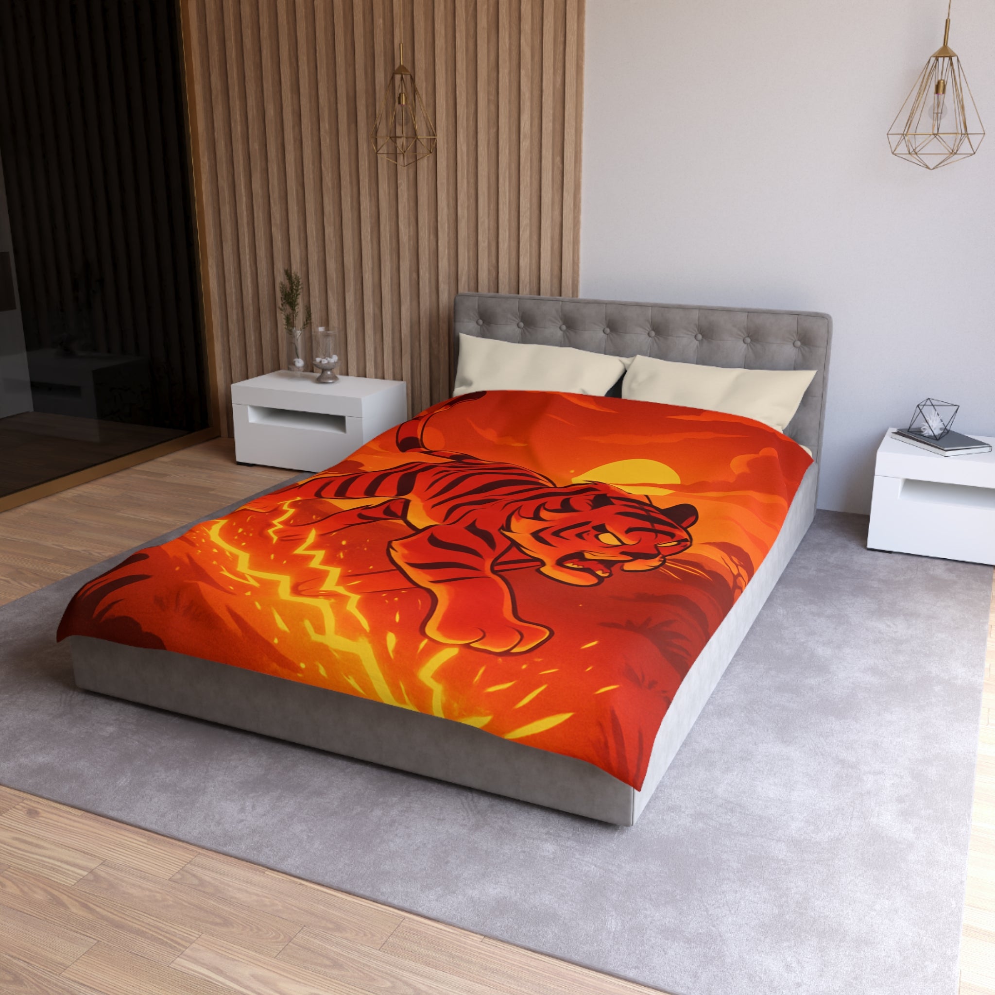 Housse de couette tigre dynamique avec coucher de soleil flamboyant en arrière-plan vibrant