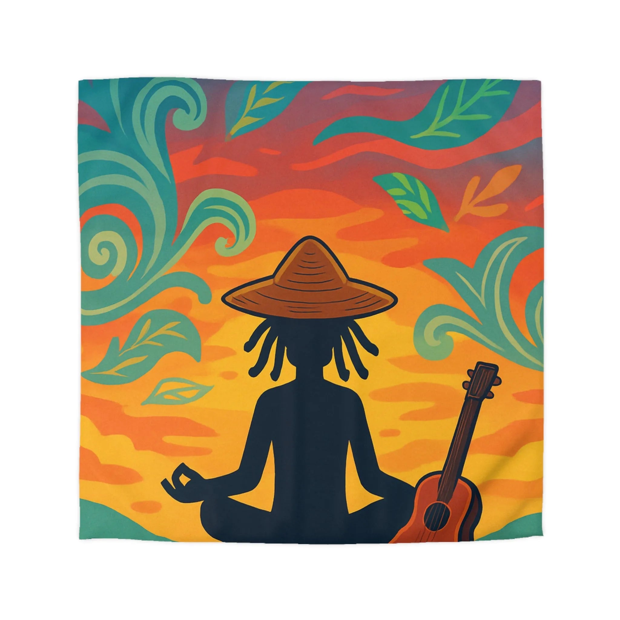 Housse de couette avec silhouette méditative et nature vibrante sous coucher de soleil coloré