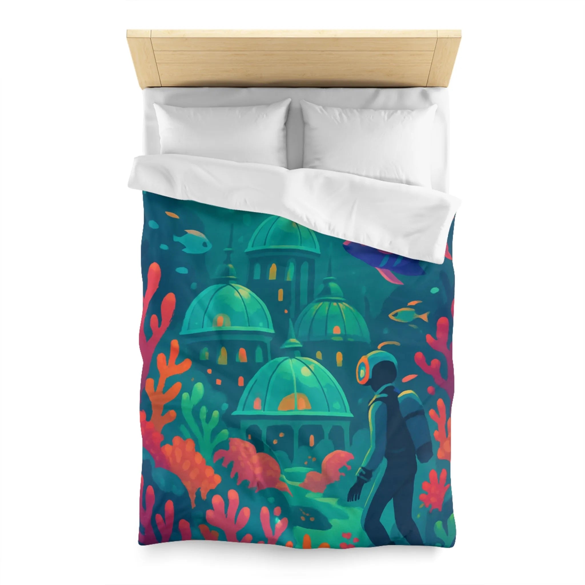 Housse de couette aux couleurs vibrantes inspirée d'une cité sous-marine avec poissons exotiques