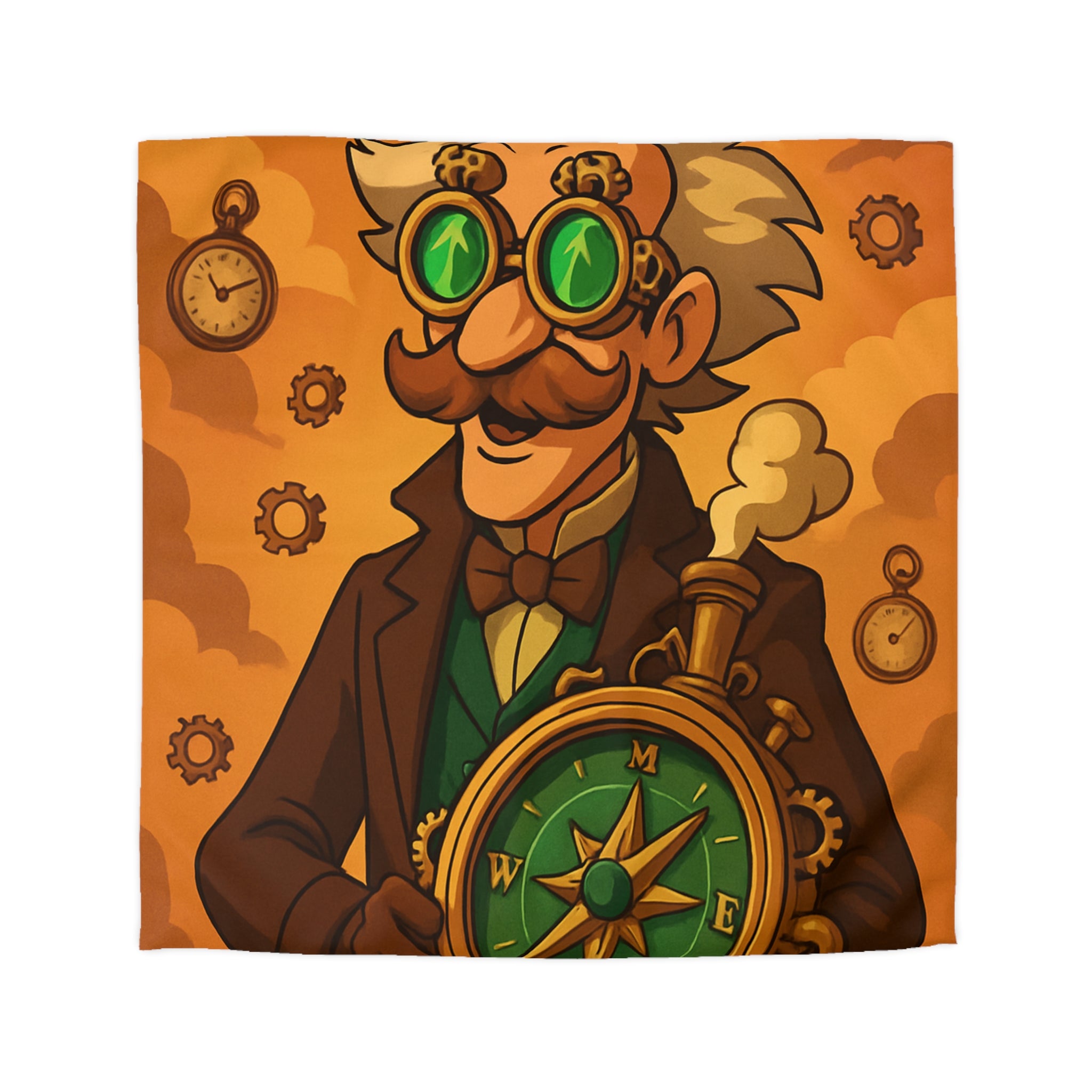 Housse de Couette Steampunk Vintage avec Boussole, Savant et Montgolfières sur Fond Sépia