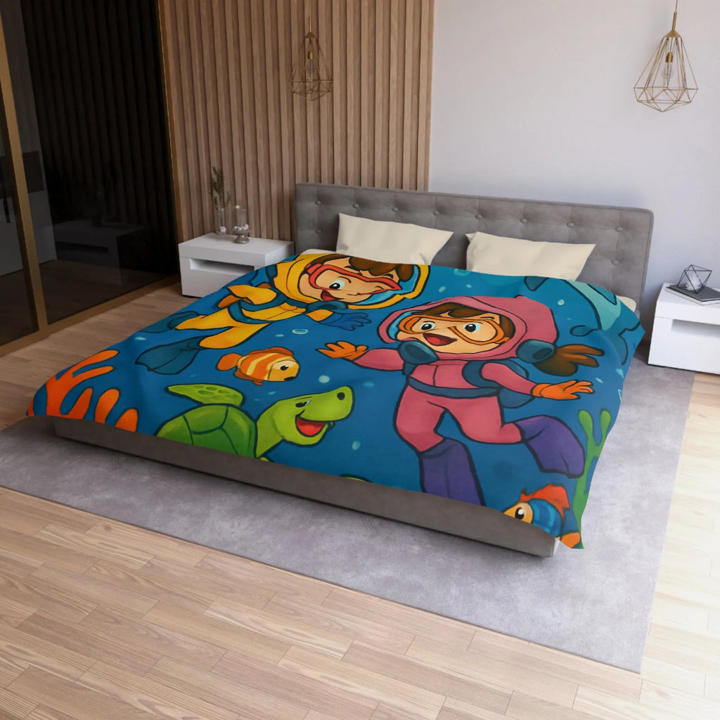 Housse de couette ludique pour enfant avec plongeurs et animaux marins multicolores