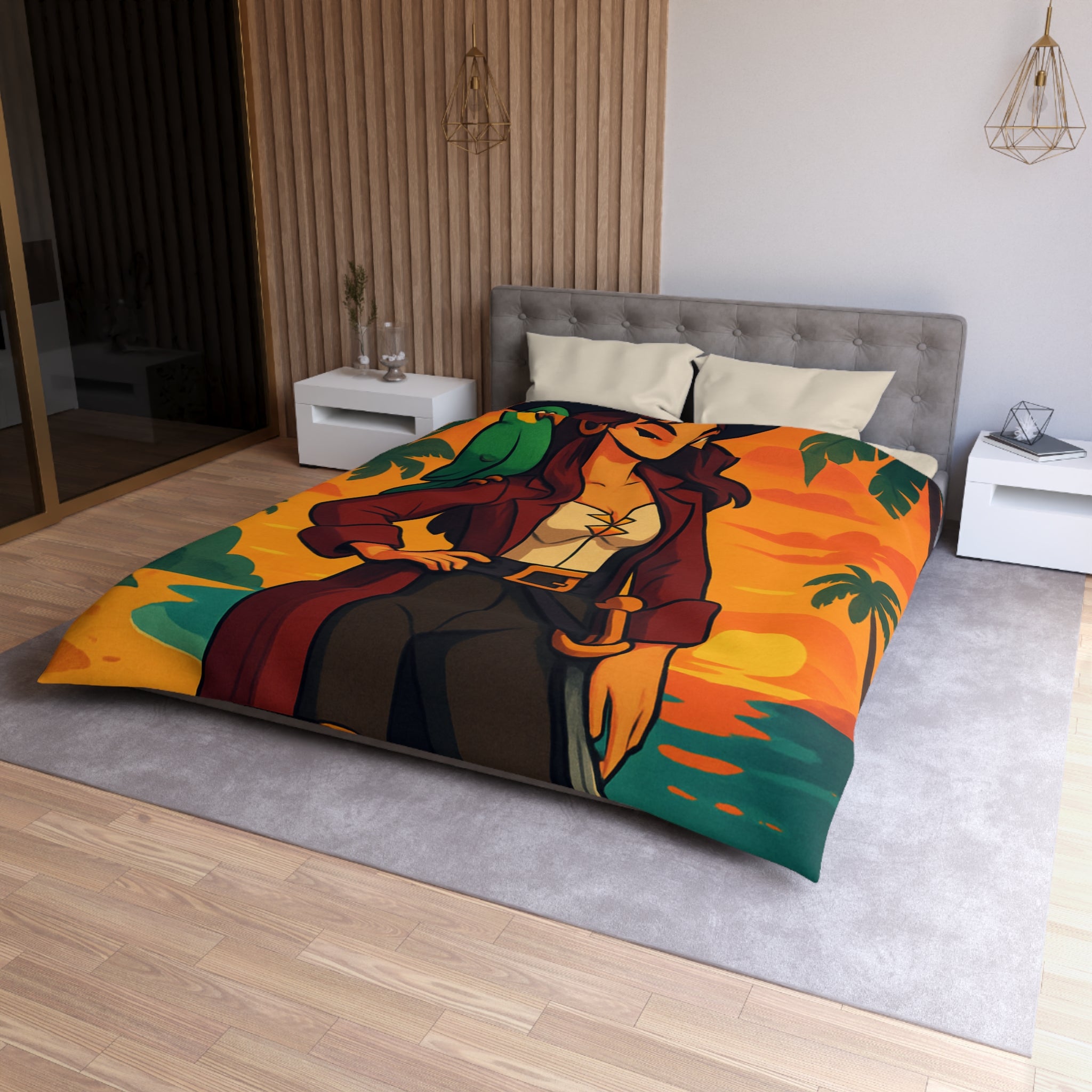 Housse de couette pirate colorée avec perroquet et coffre au trésor tropical