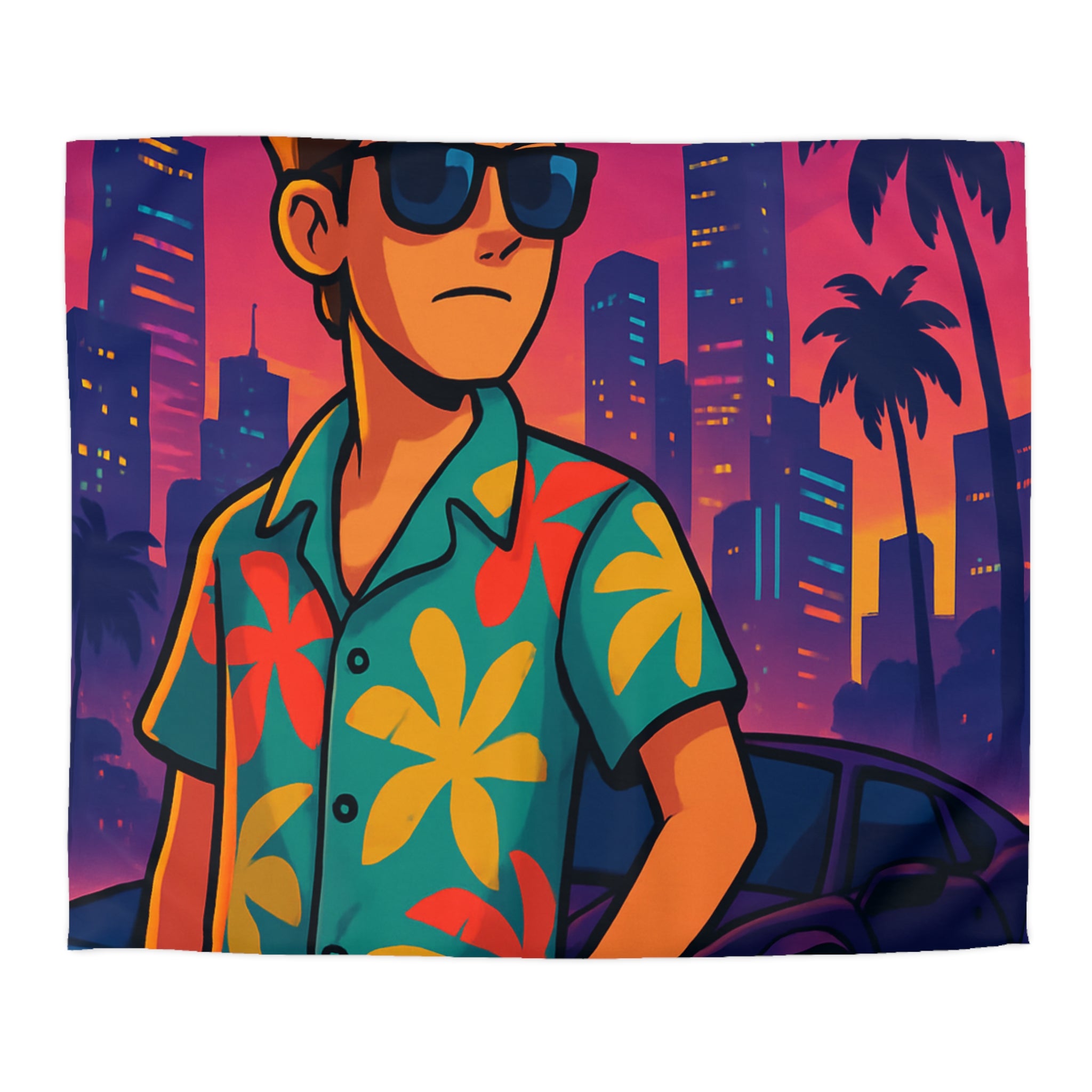 Housse de Couette Style Rétro avec Design Urbain et Palmiers au Crépuscule