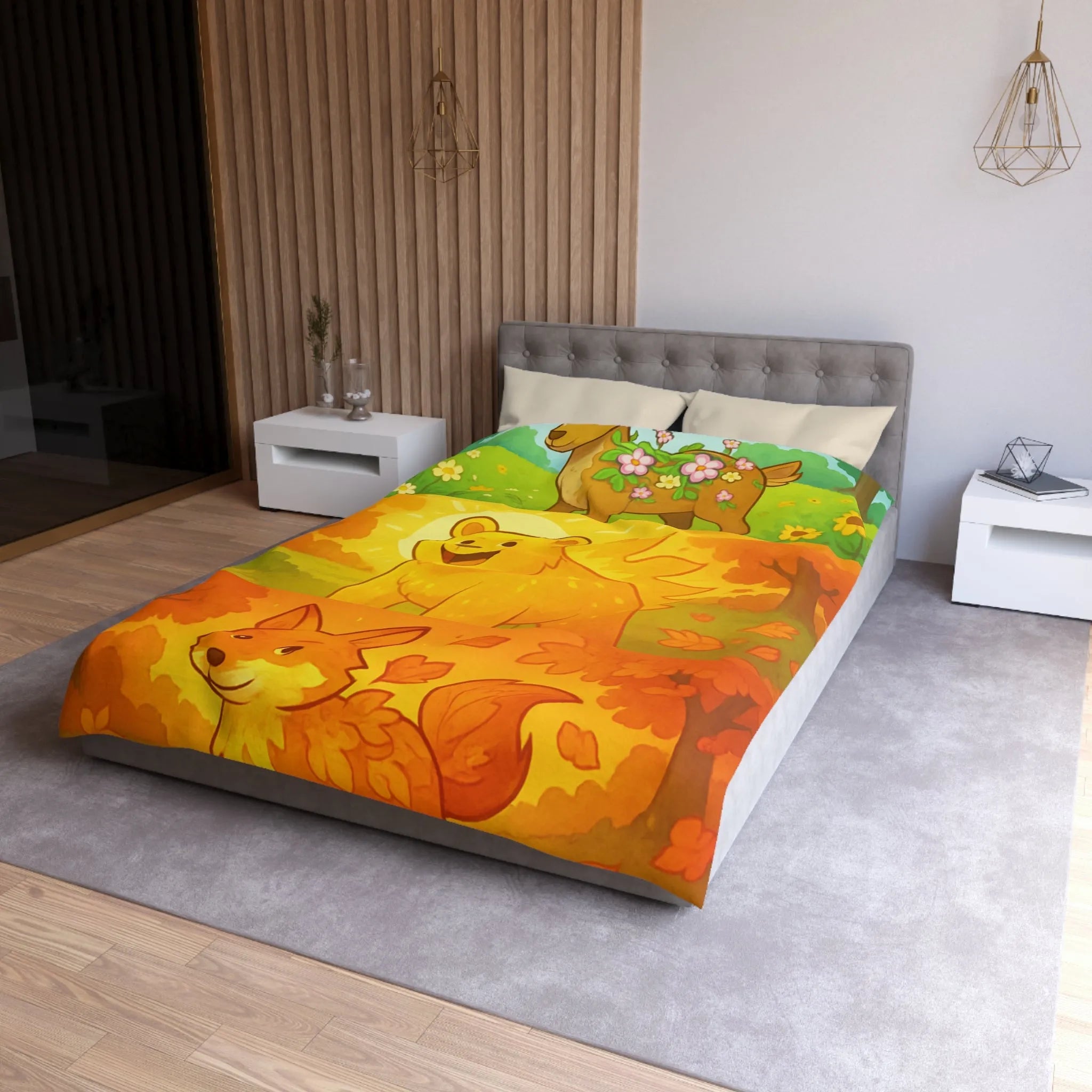 Housse de couette enchantée avec cerf, ours et renard en couleurs vives saisonnières
