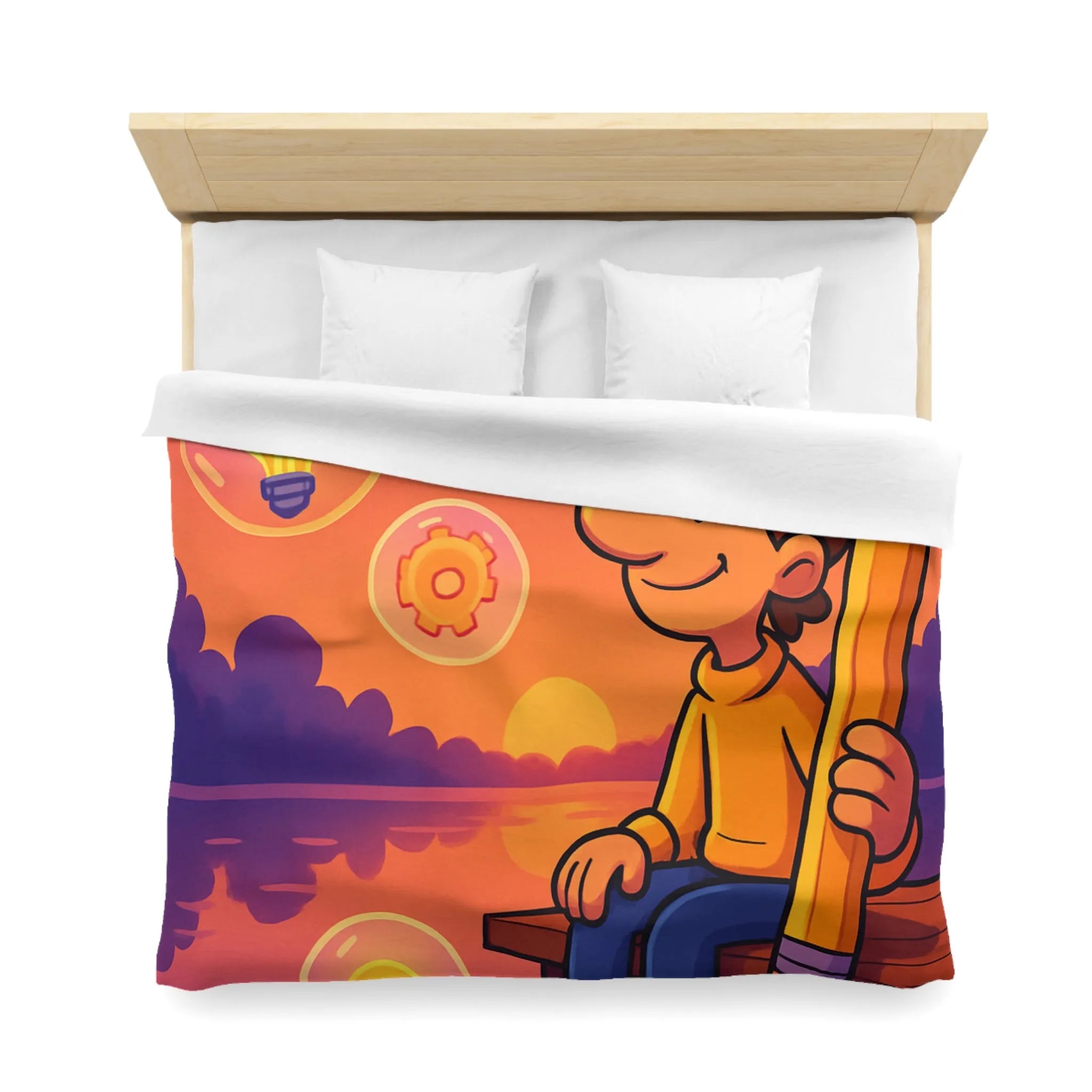 Housse de Couette Créative Avec Personnage Dessinant au Couchant et Ampoules Inspirantes