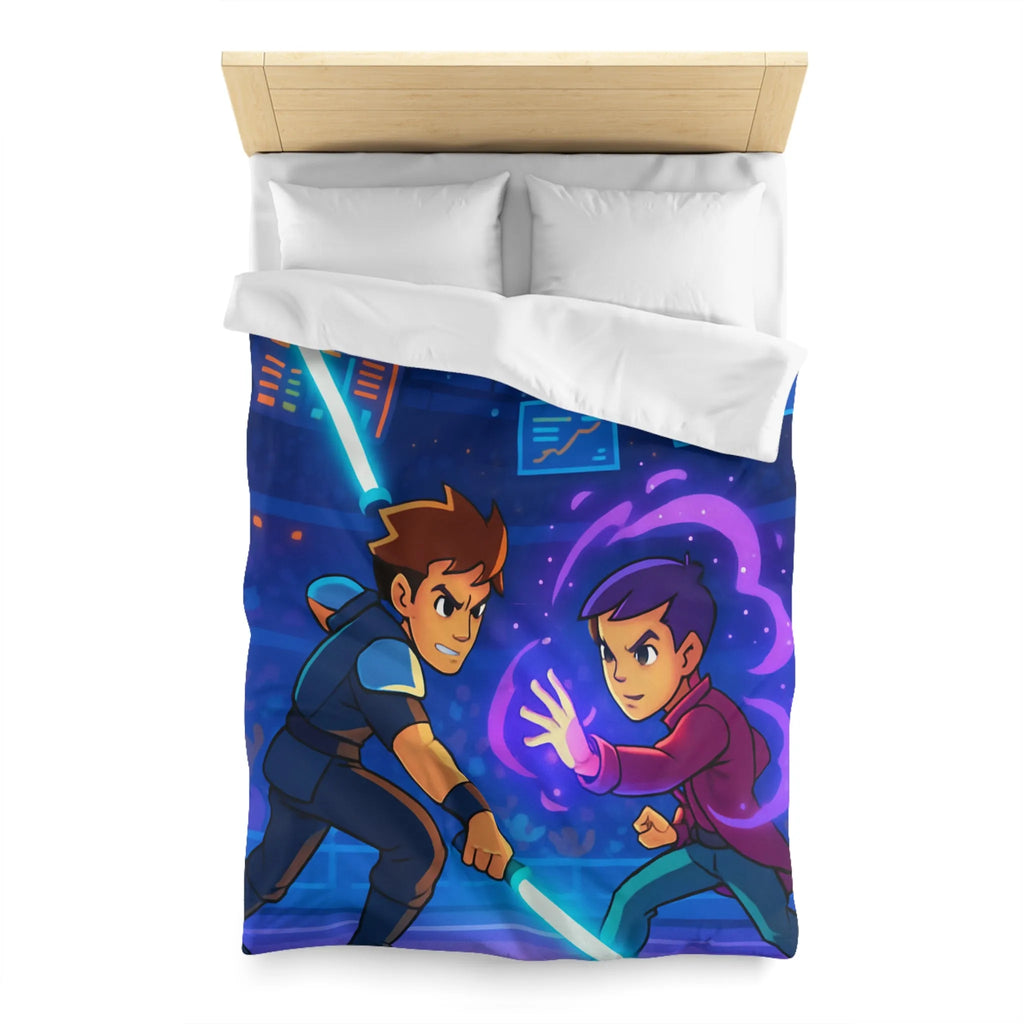 Housse de Couette Enfant Design Combat Futuriste avec Épées Laser et Pouvoirs Magiques
