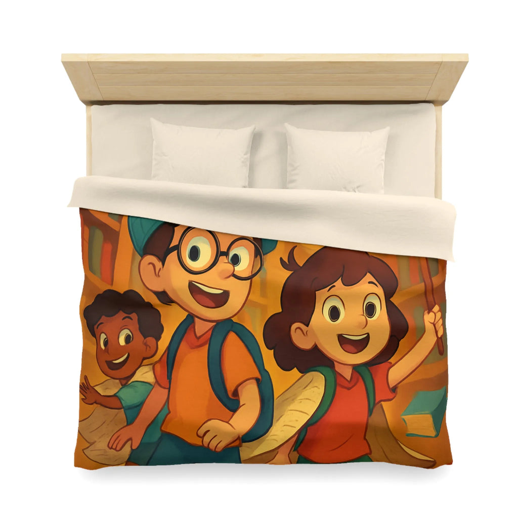 Housse de couette magique avec enfants explorant une bibliothèque enchantée et livres volants