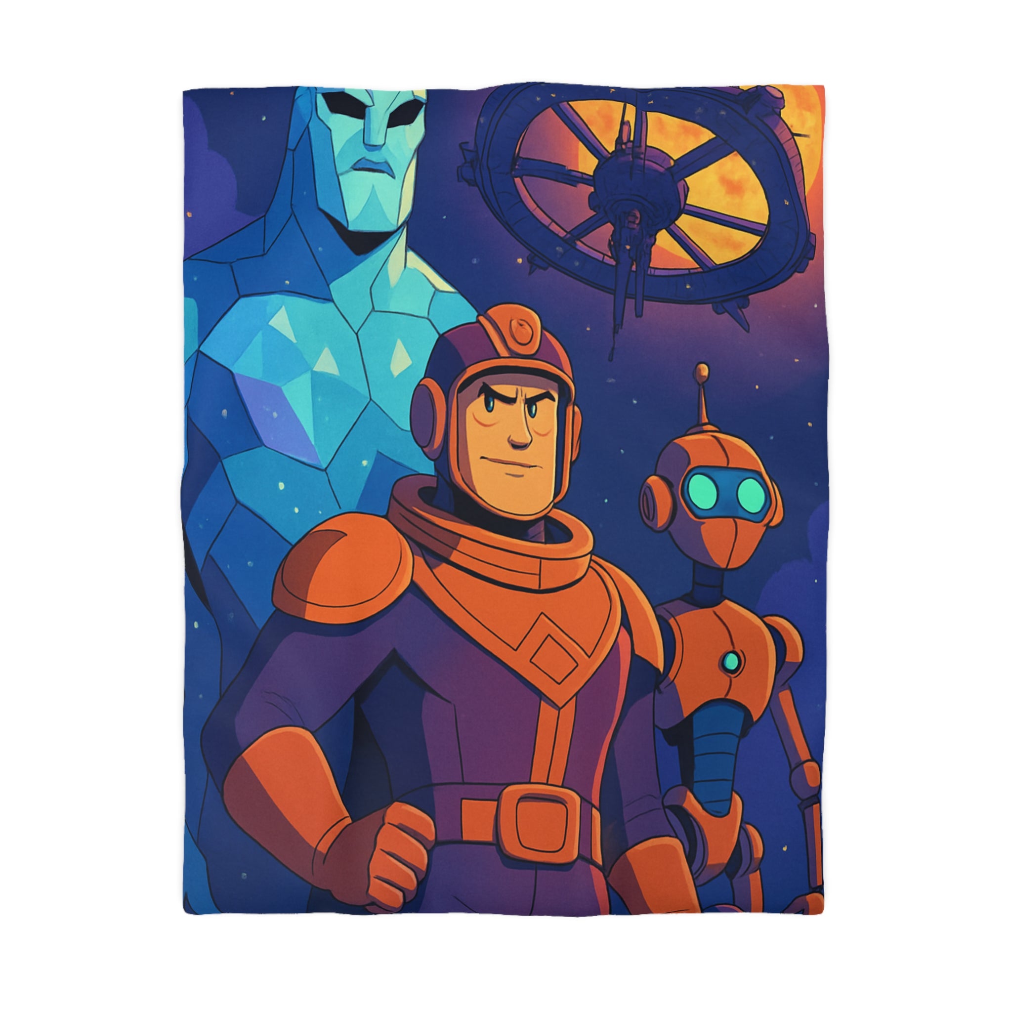 Housse de Couette Space Adventure: Héros, Robot et Alien Sous Lune Éclatante