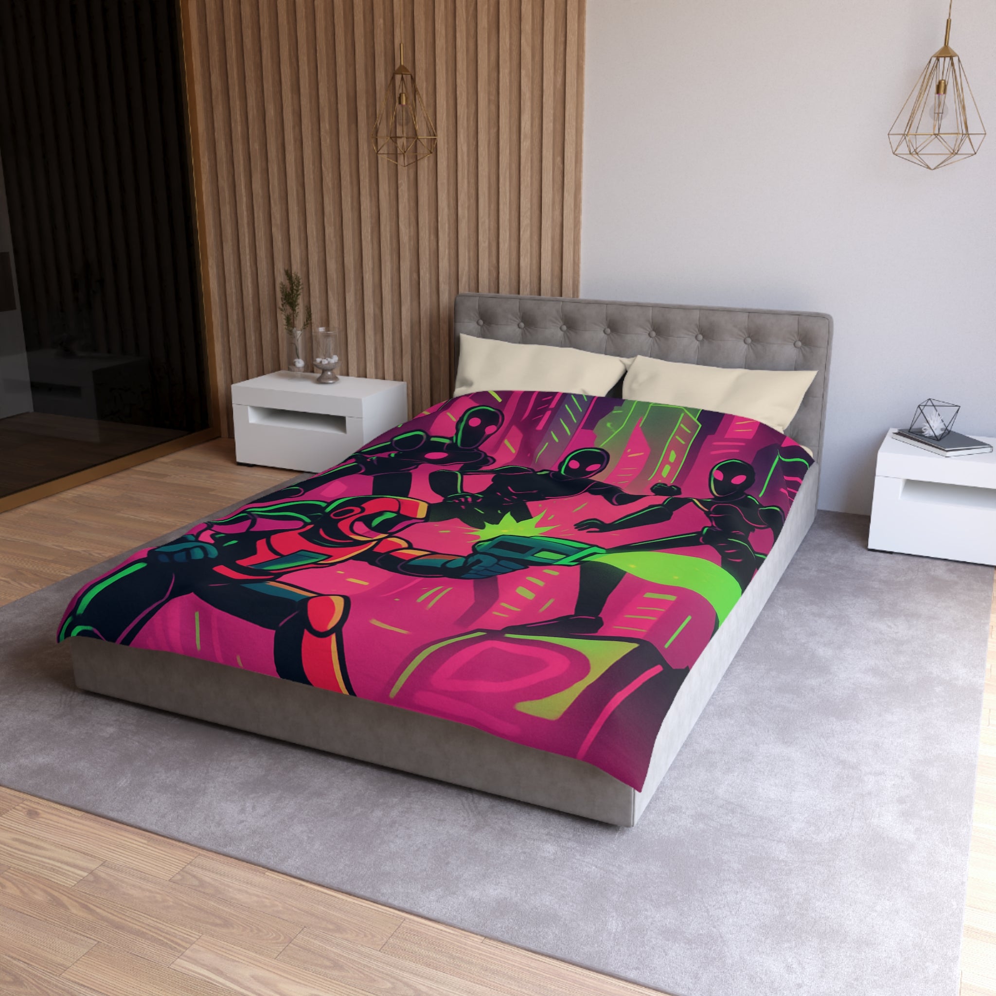 Housse de couette néon futuriste avec combat spatial, designs vifs rétro et cyberpunk