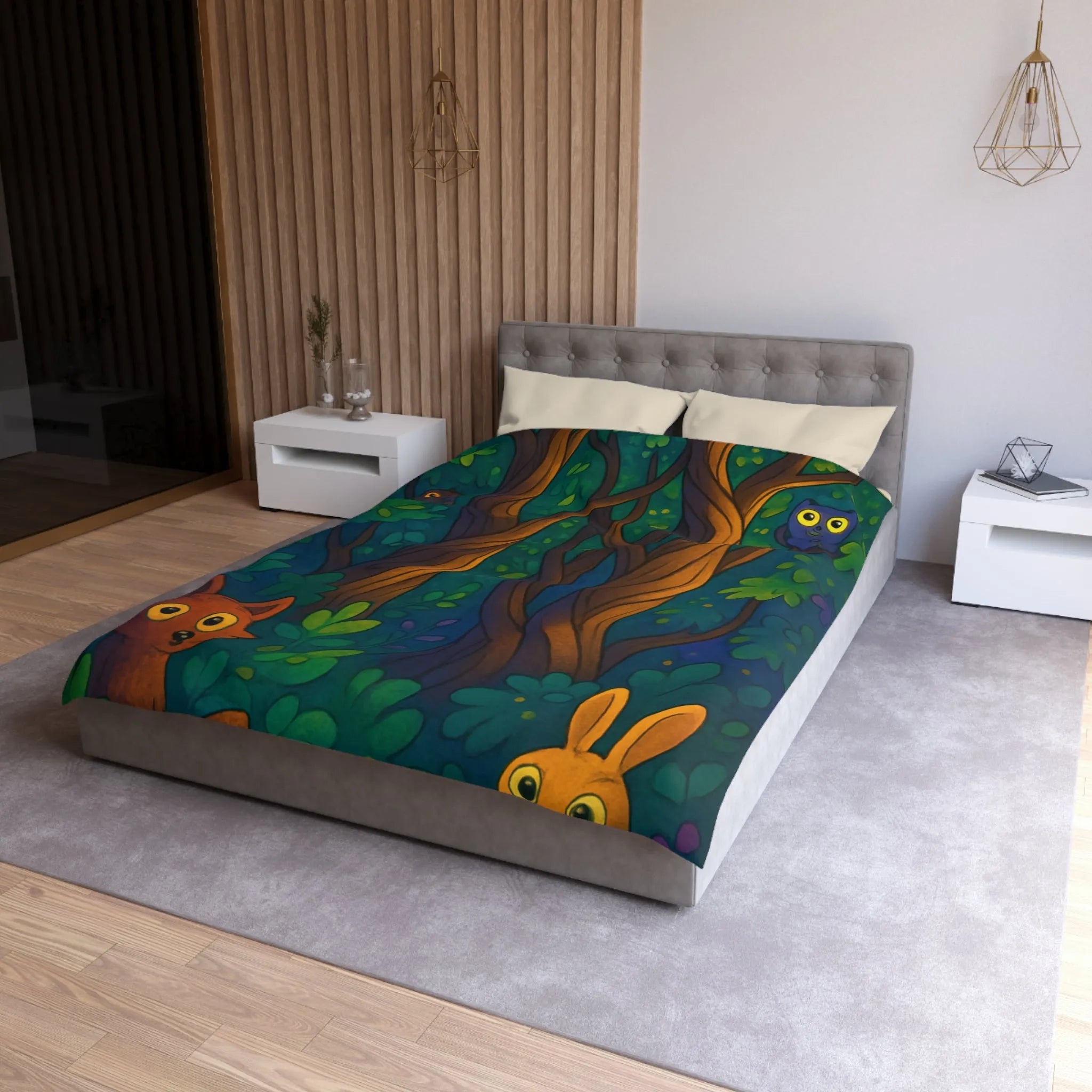 Housse de couette enchantée avec animaux forestiers dans un paysage de nuit magique