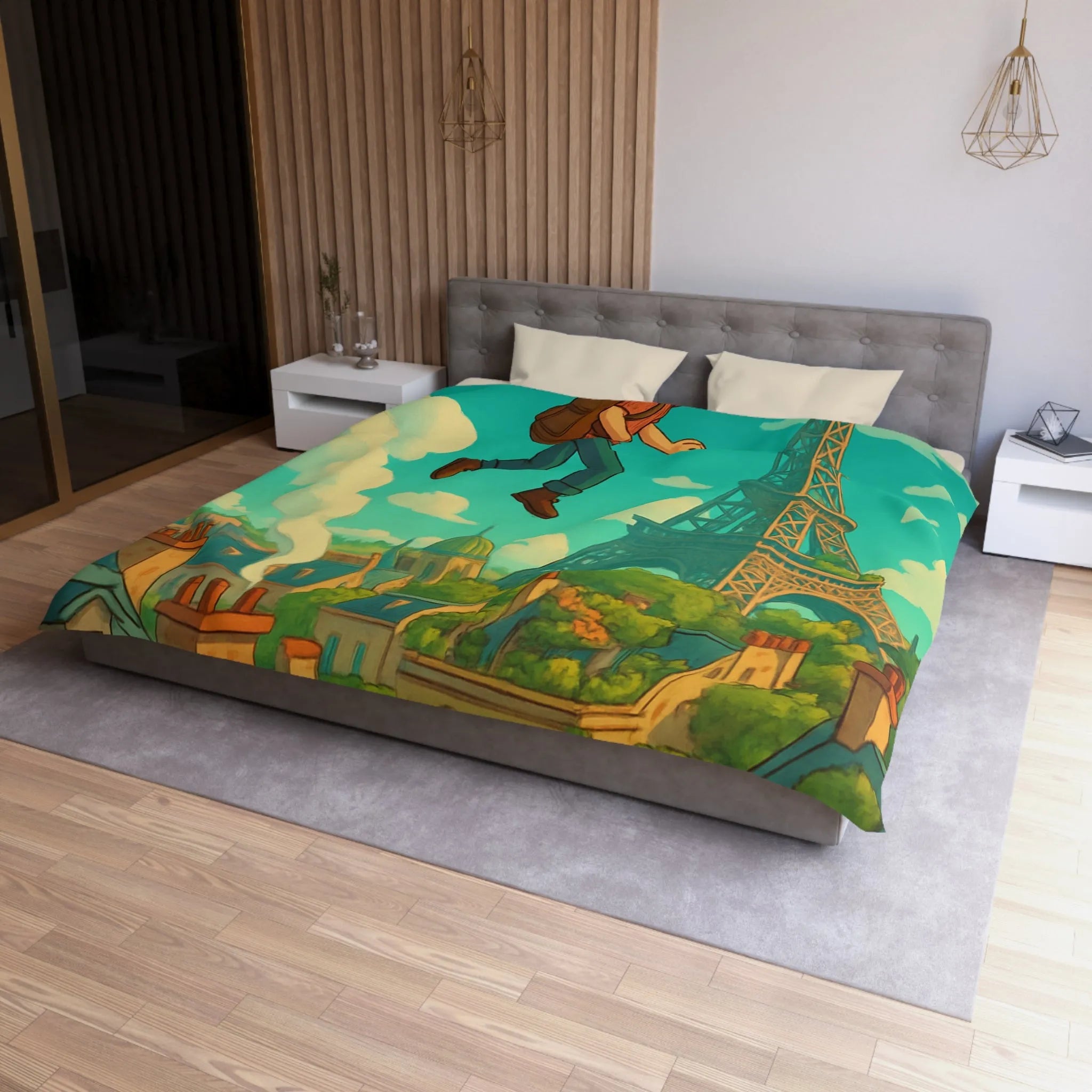 Enchanted Parisian Flight: Kid Floating Above Cityscape with Umbrella and Backpack