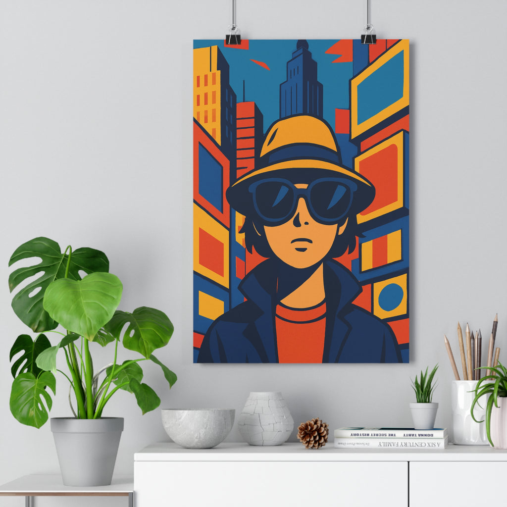 Poster décoratif urbain pop art moderne bleu jaune rouge dynamique salon bureau design contemporain