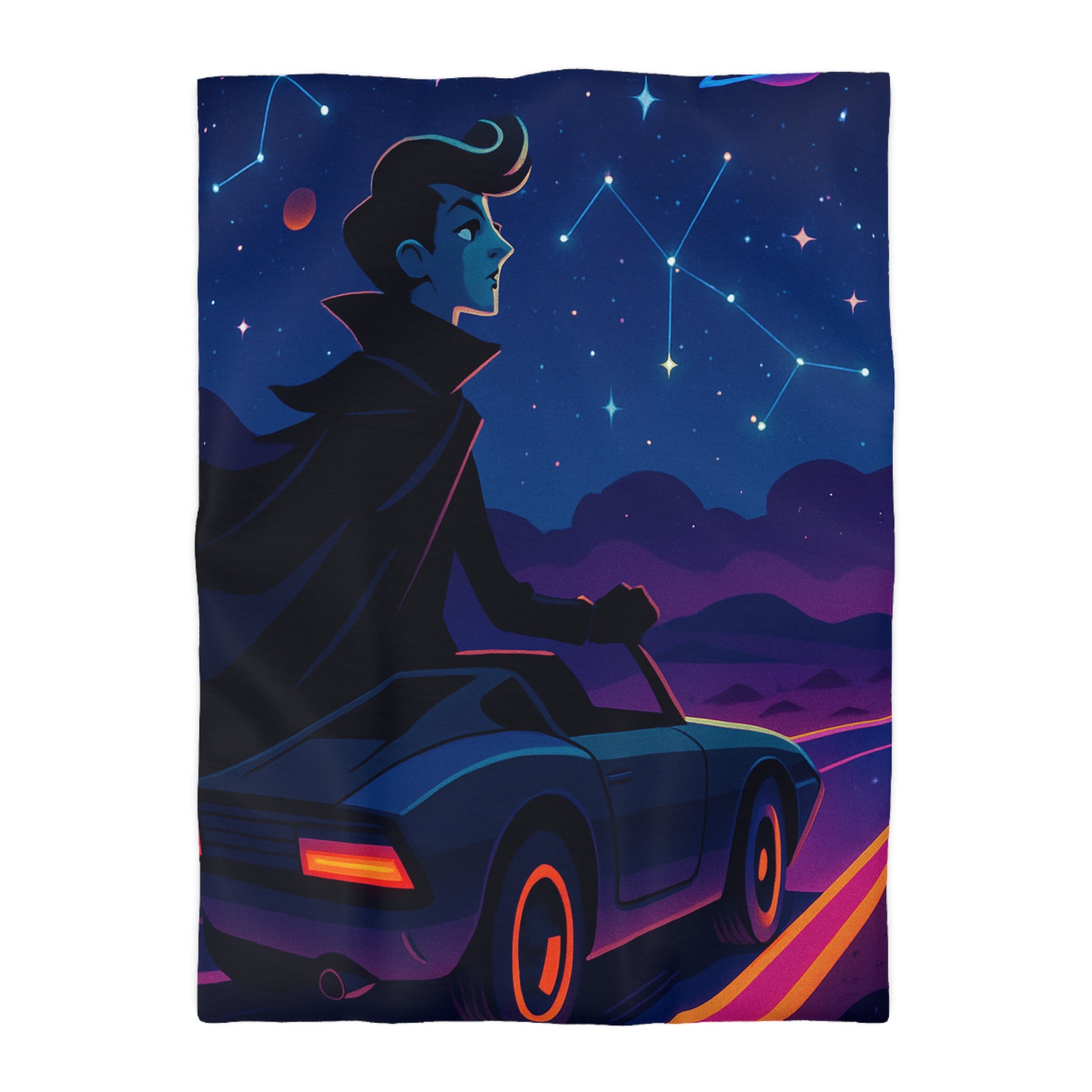 Housse de couette rétro avec constellations et voiture sous ciel étoilé et planète