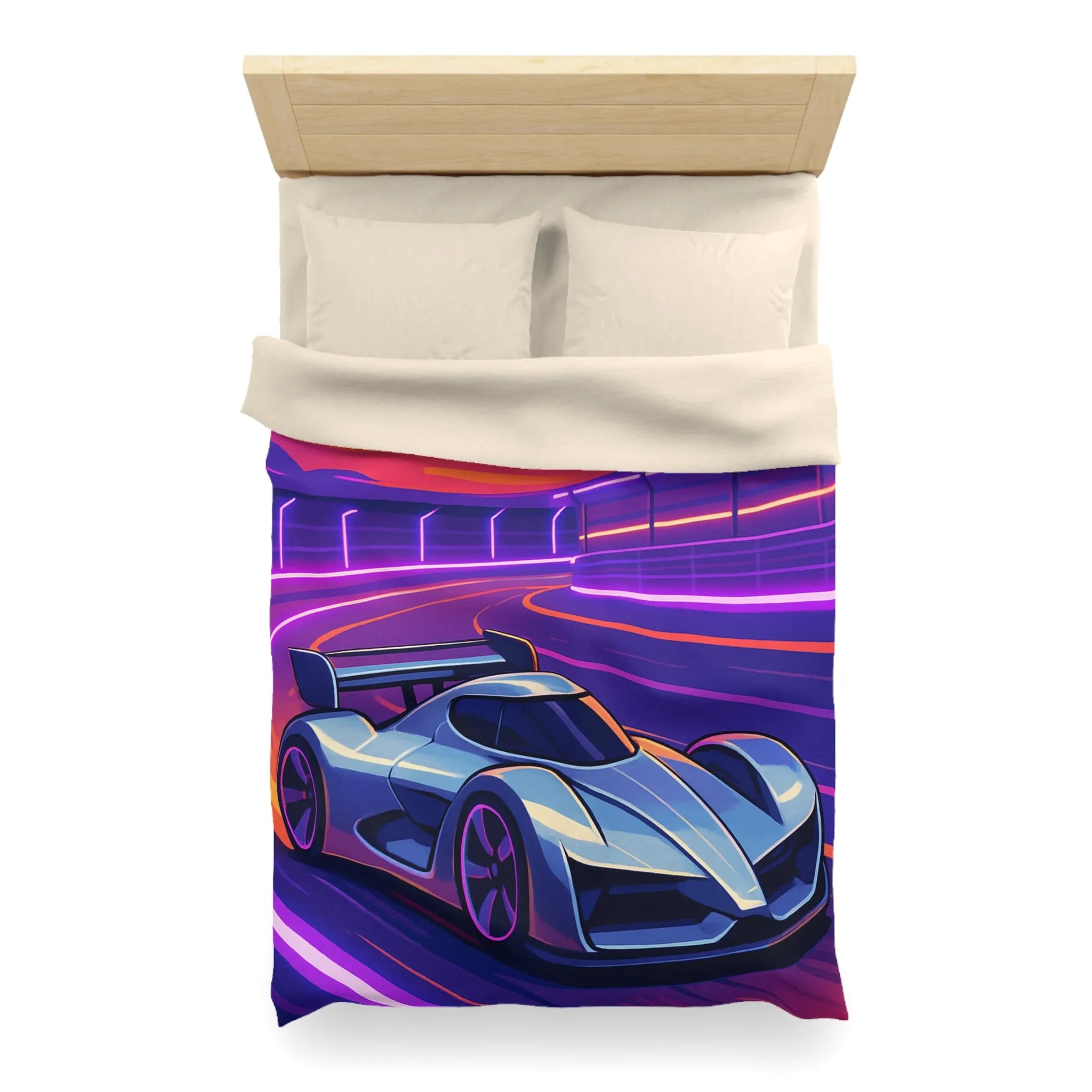 Housse de couette de voiture futuriste dérapante sur circuit éclairé au coucher du soleil