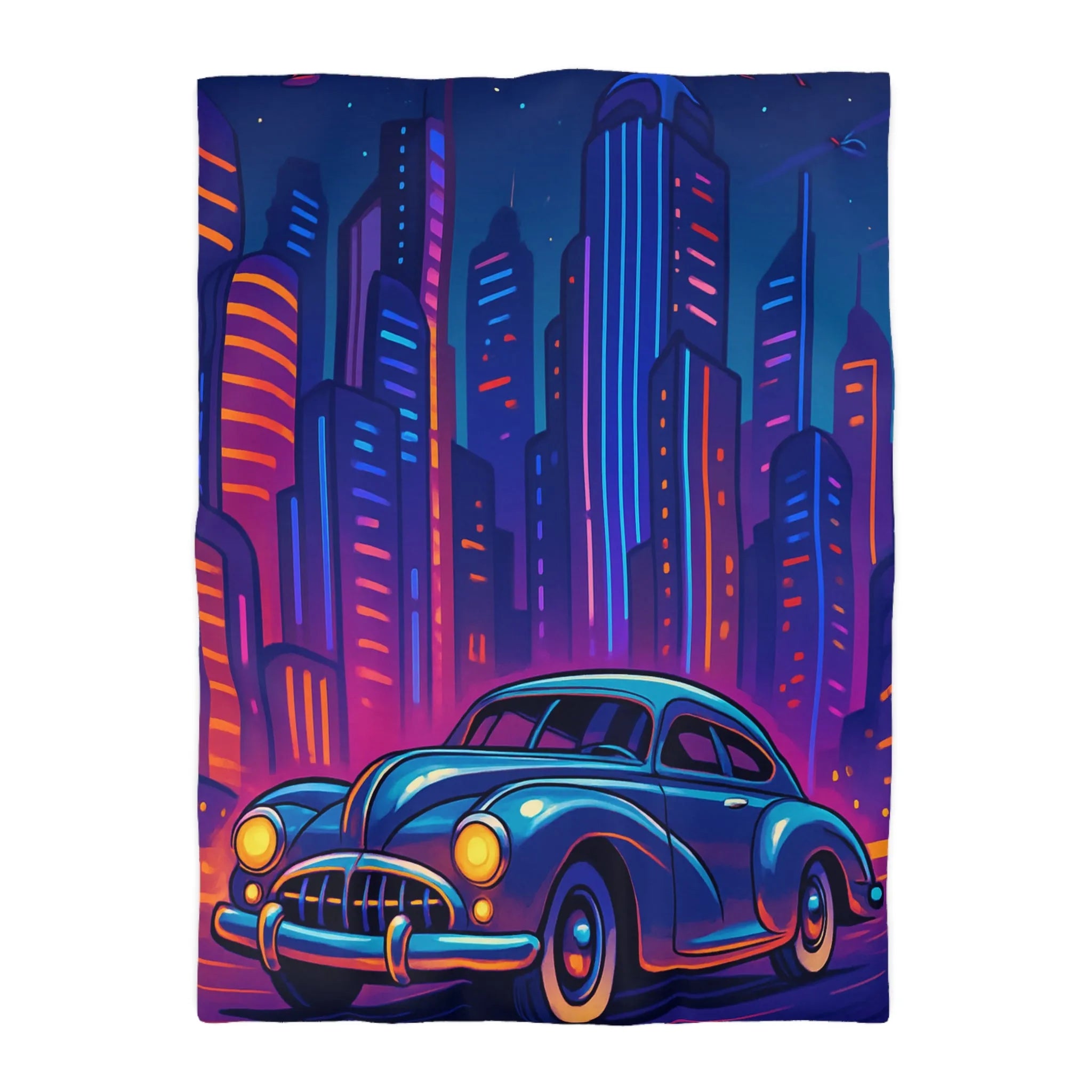 Housse de Couette Futuriste avec Voiture Vintage et Ville Lumineuse Style Néon