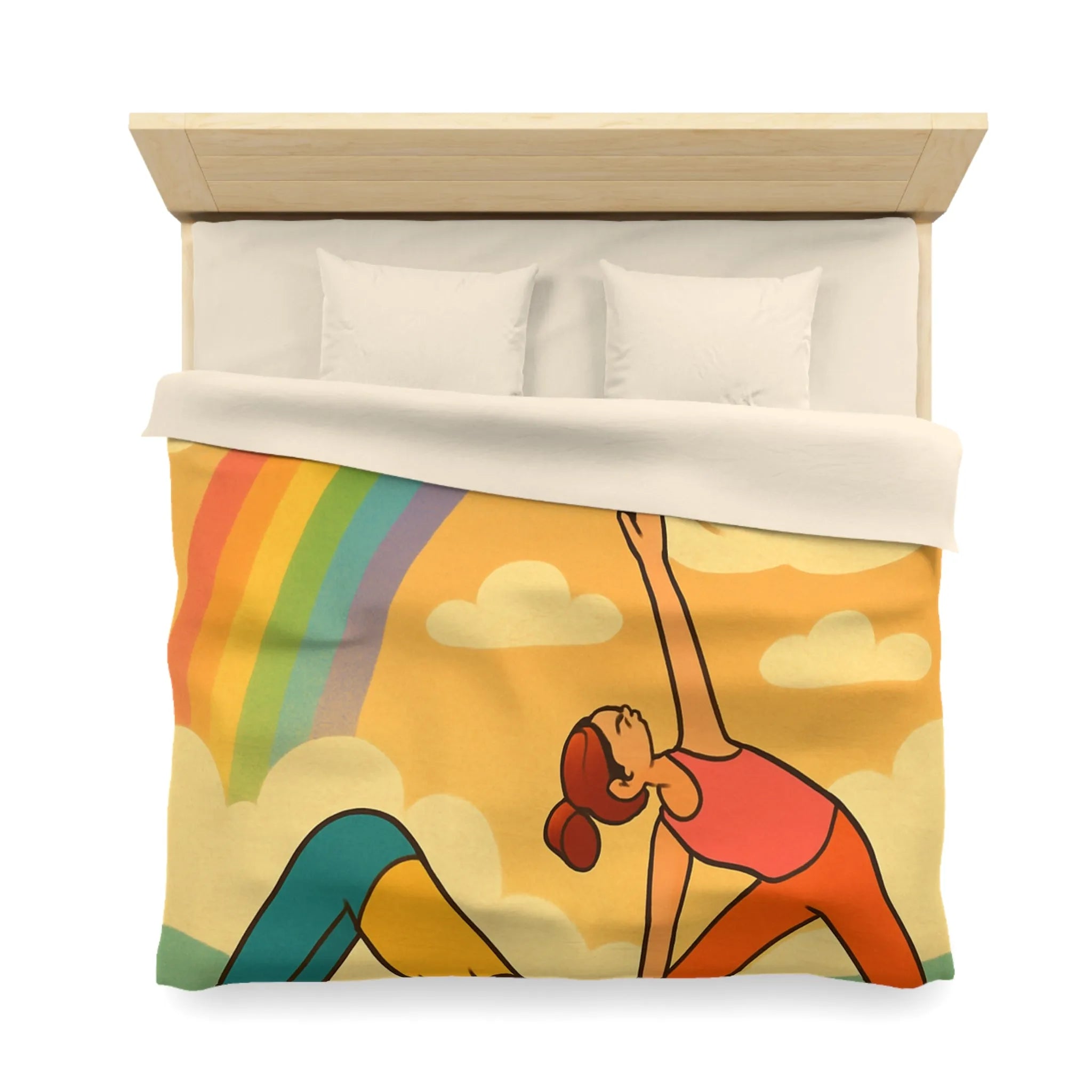 Housse De Couette Enfant Avec Arc-en-Ciel Coloré Et Personnages Pratiquant Le Yoga Énergique