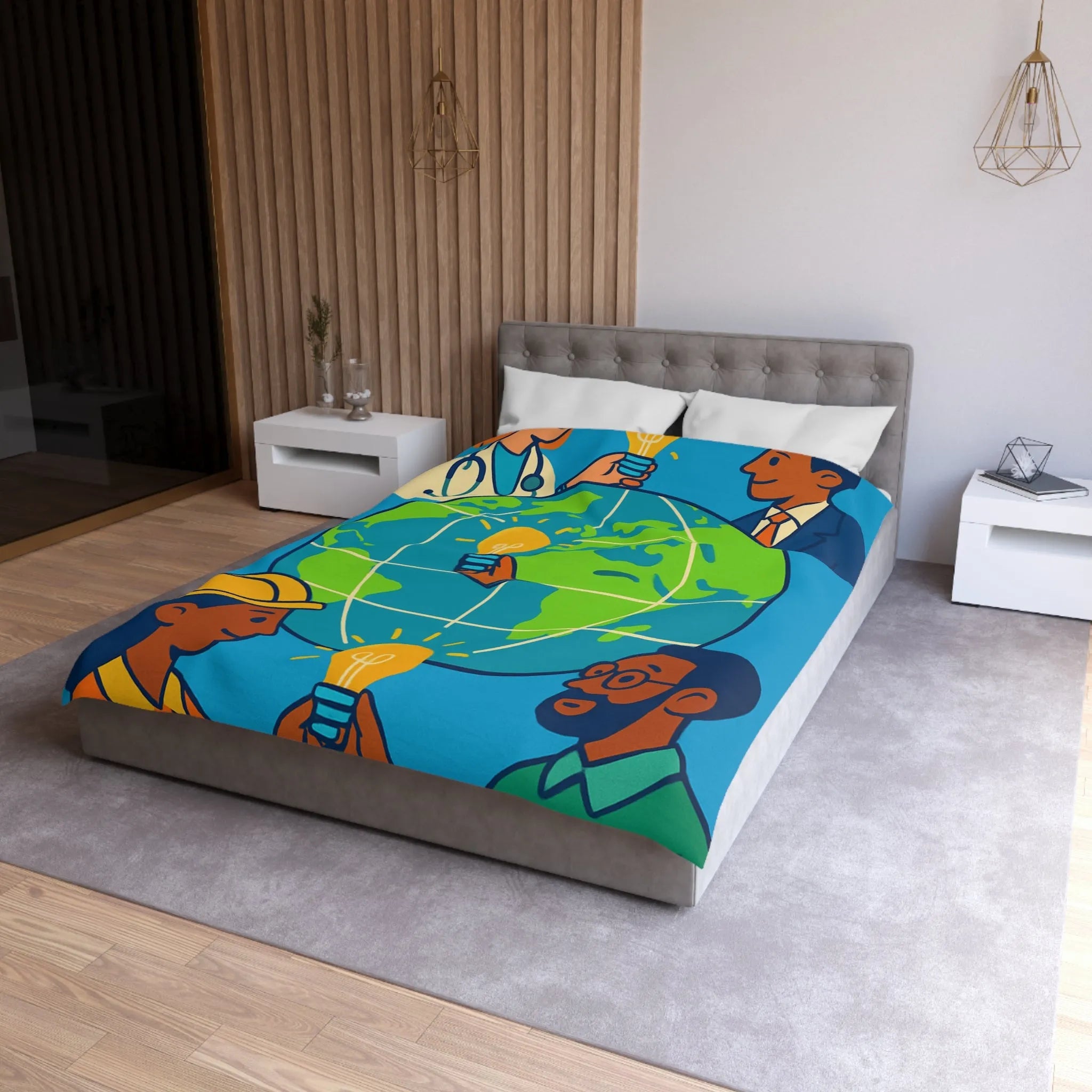 Housse de couette innovante avec globe, diversité et ampoules lumineuses pour un monde uni