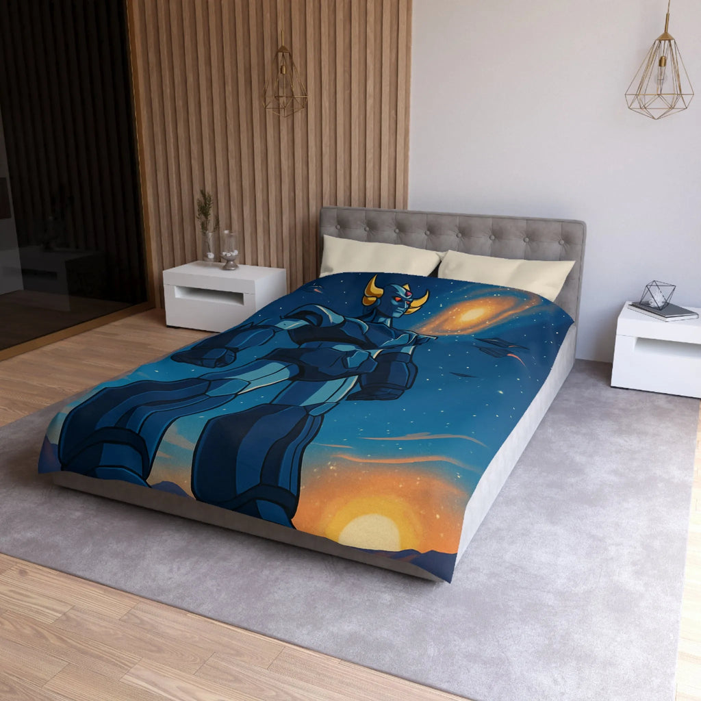 Housse de couette avec illustration rétro robot géant dans l'espace étoilé fascinant