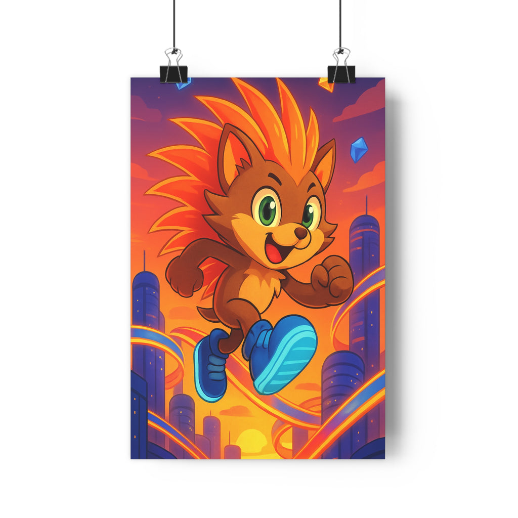 Poster décoratif anime coloré dynamique bleu orange chambre enfant aventure urbain futuriste vibrant moderne