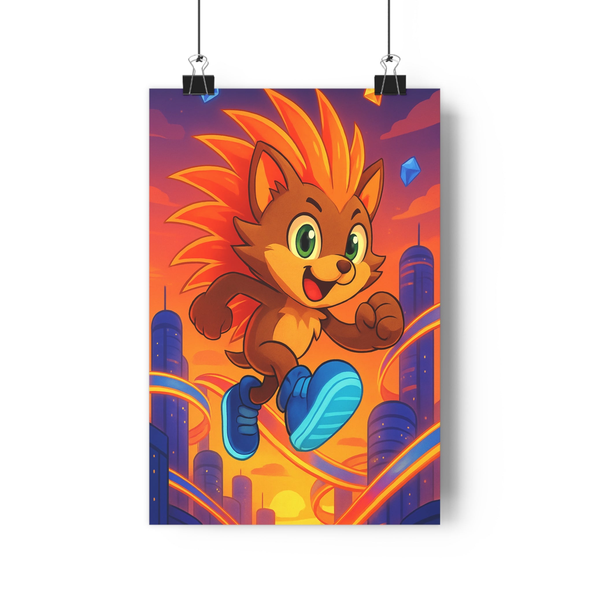 Poster décoratif anime coloré dynamique bleu orange chambre enfant aventure urbain futuriste vibrant moderne