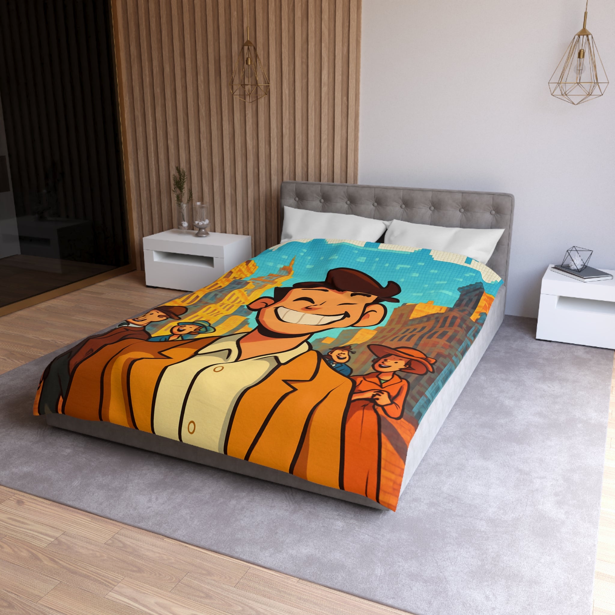 Housse de couette vintage avec personnages souriants et architecture urbaine en arrière-plan