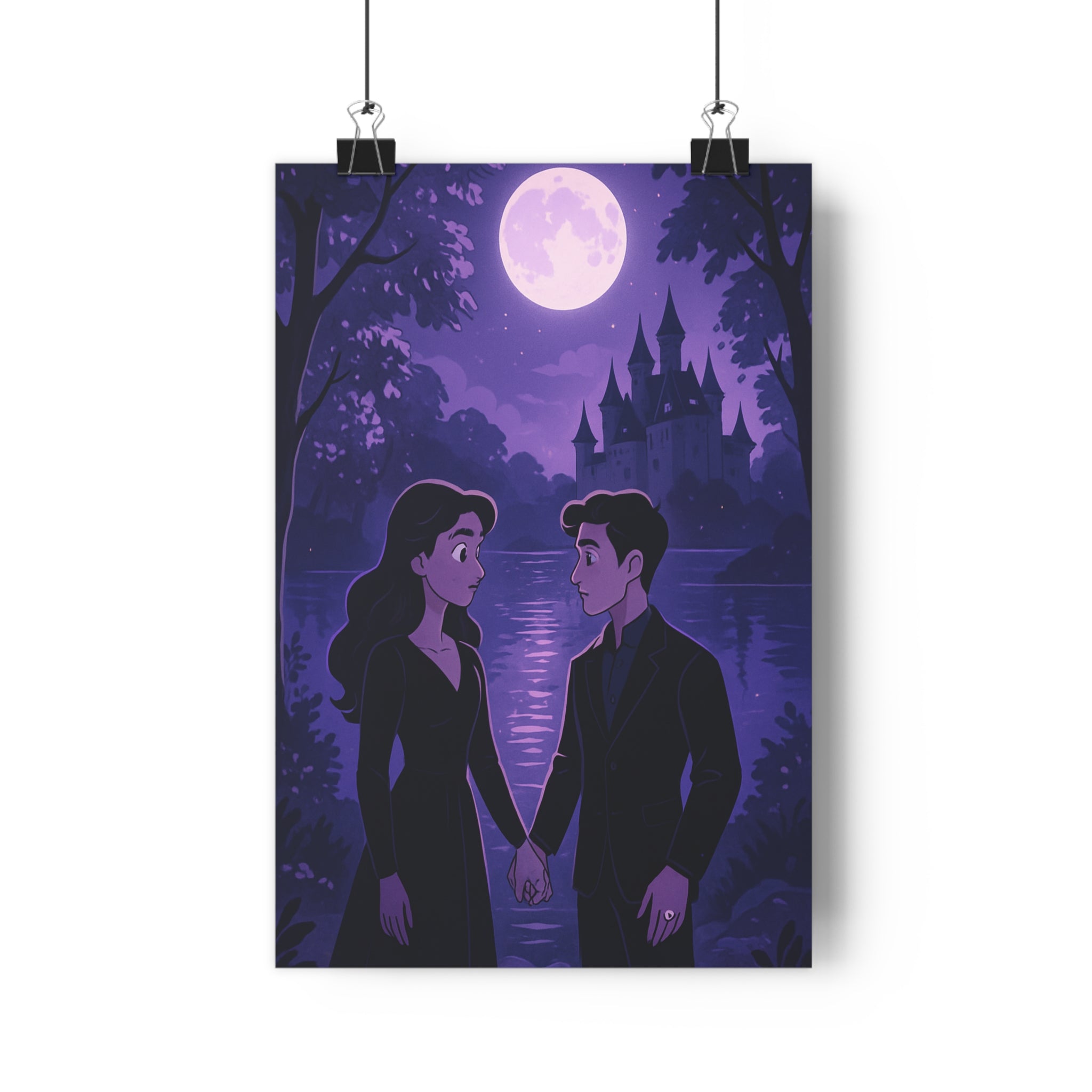 Poster décoratif romantique violet bleu mystique chambre dessin animé lune nocturne rêveur château couple
