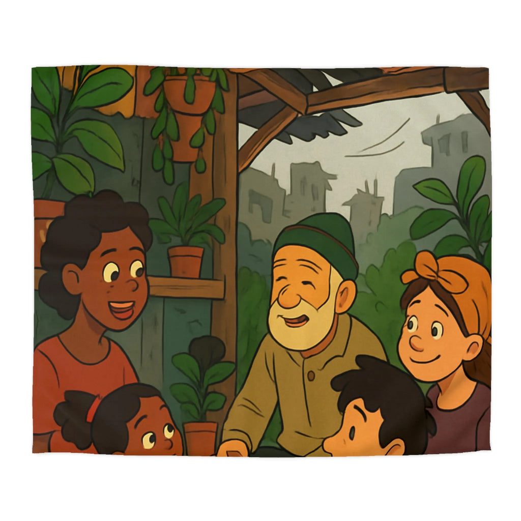 Housse de Couette Enfant avec Illustration Amusante de Famille dans un Jardin Urbain