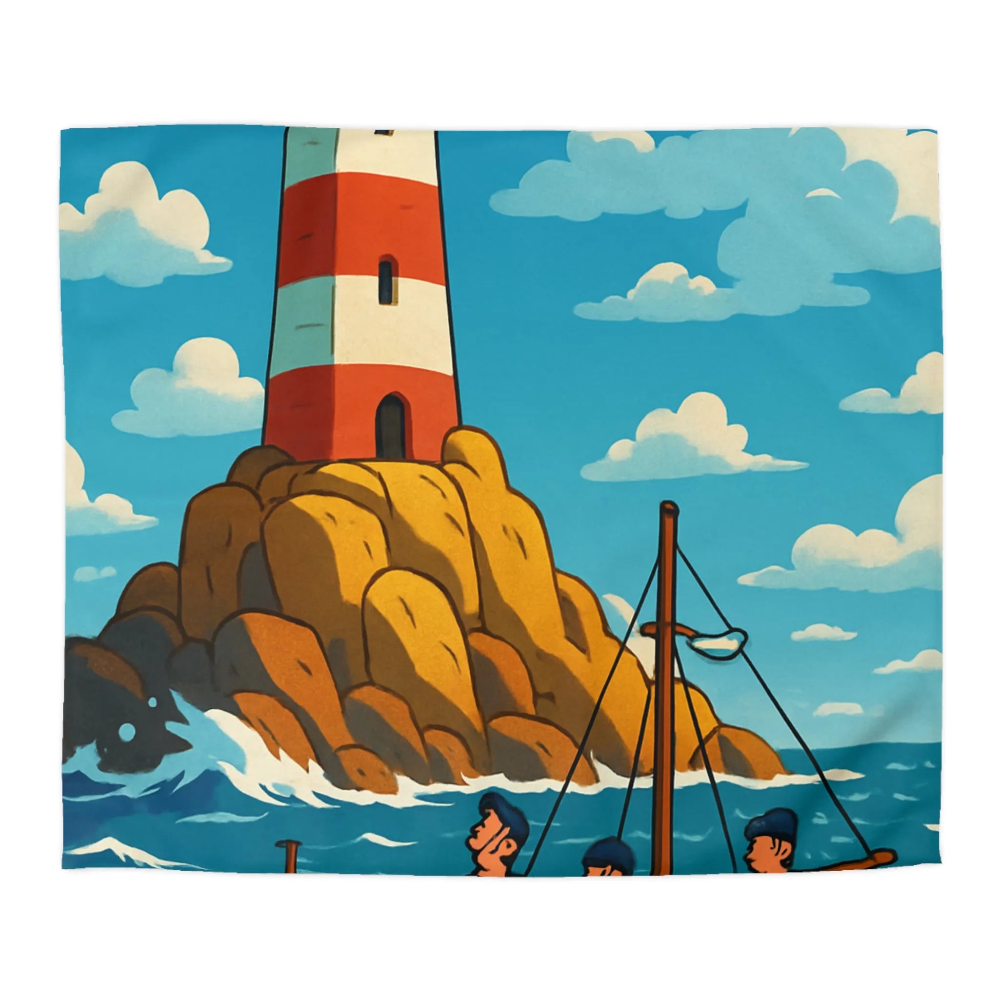 Housse de couette maritime avec phare, bateau et équipage sur mer agitée