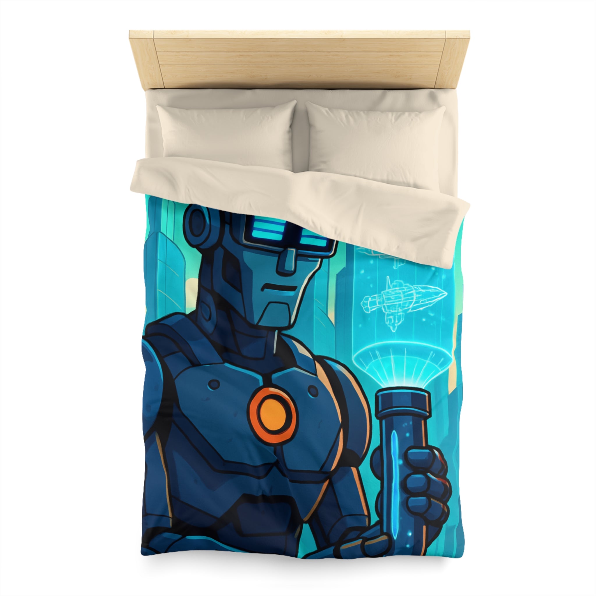 Housse de Couette Thème Robotique Futuriste avec Paysage Urbain et Drones Volants